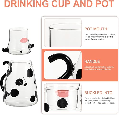 Miniatura 2 de UPKOCH Jarra de dibujos animados con taza, jarra de vidrio con tapa, juego de jarra de agua de cabecera de vaca, bonita jarra de agua con asa para