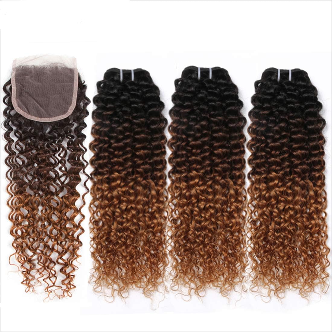8A Grade Peruvian Virgin Hair Kinky Curly Human Hair Weave Bundles 10 12 14 with 10" Free Part 4 * 4 Lace Closure #T1b/4/30 Color