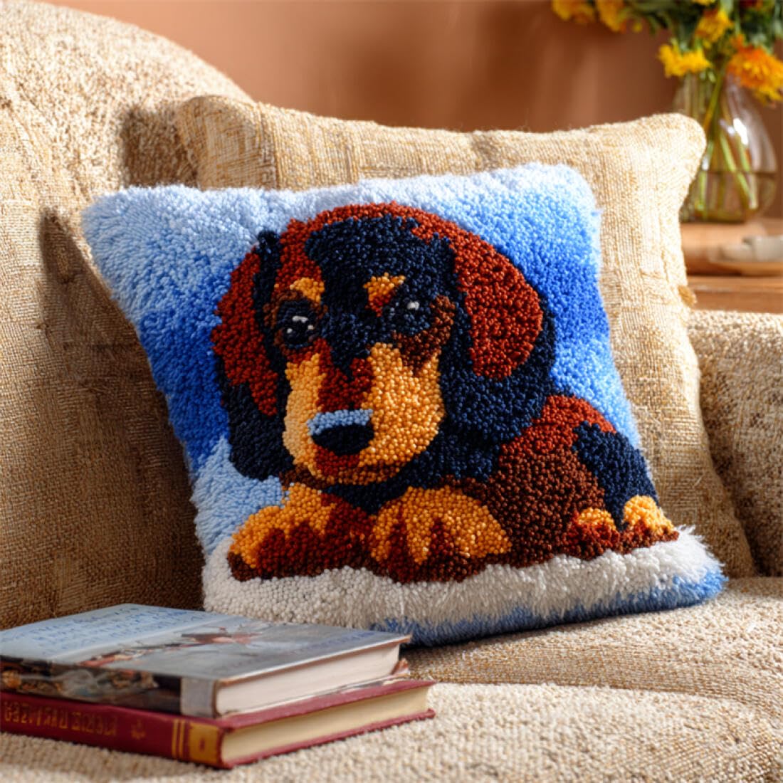 Kitquiver Animal Latch Hook Craft Kits Cartoon Dachshund Crochet Needlework Crafts with Latch Hook Tool for Adults DIY Handmade Home Cushion Kits Decor 17x17In