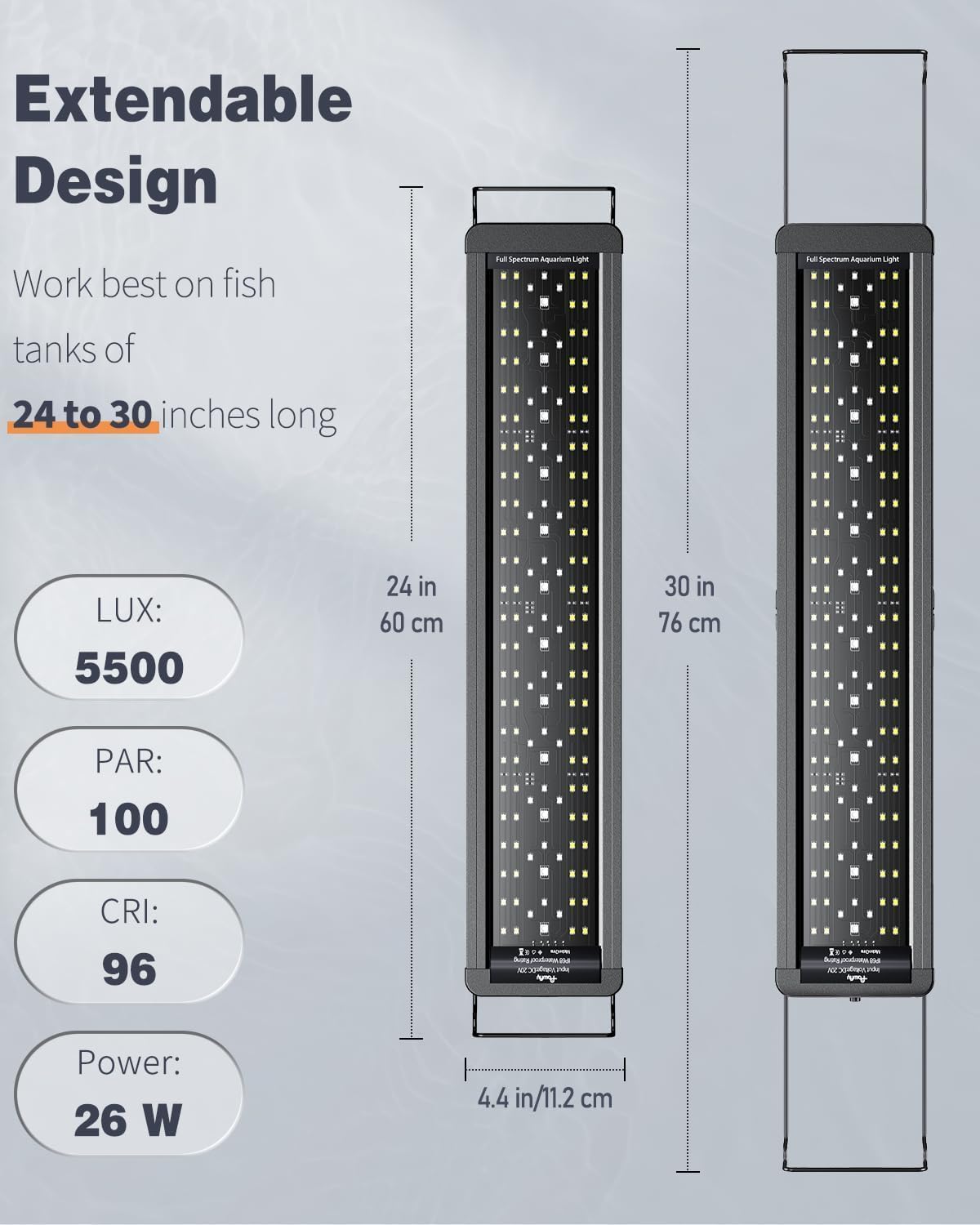 Pawfly 26 W Aquarium LED Light for 24" to 30" Tanks 24/7 Extendable Fish Tank Lights with Full Spectrum IP68 Waterproof Lights with D/N Mode Single Color Effects Timer and Adjustable Brightness