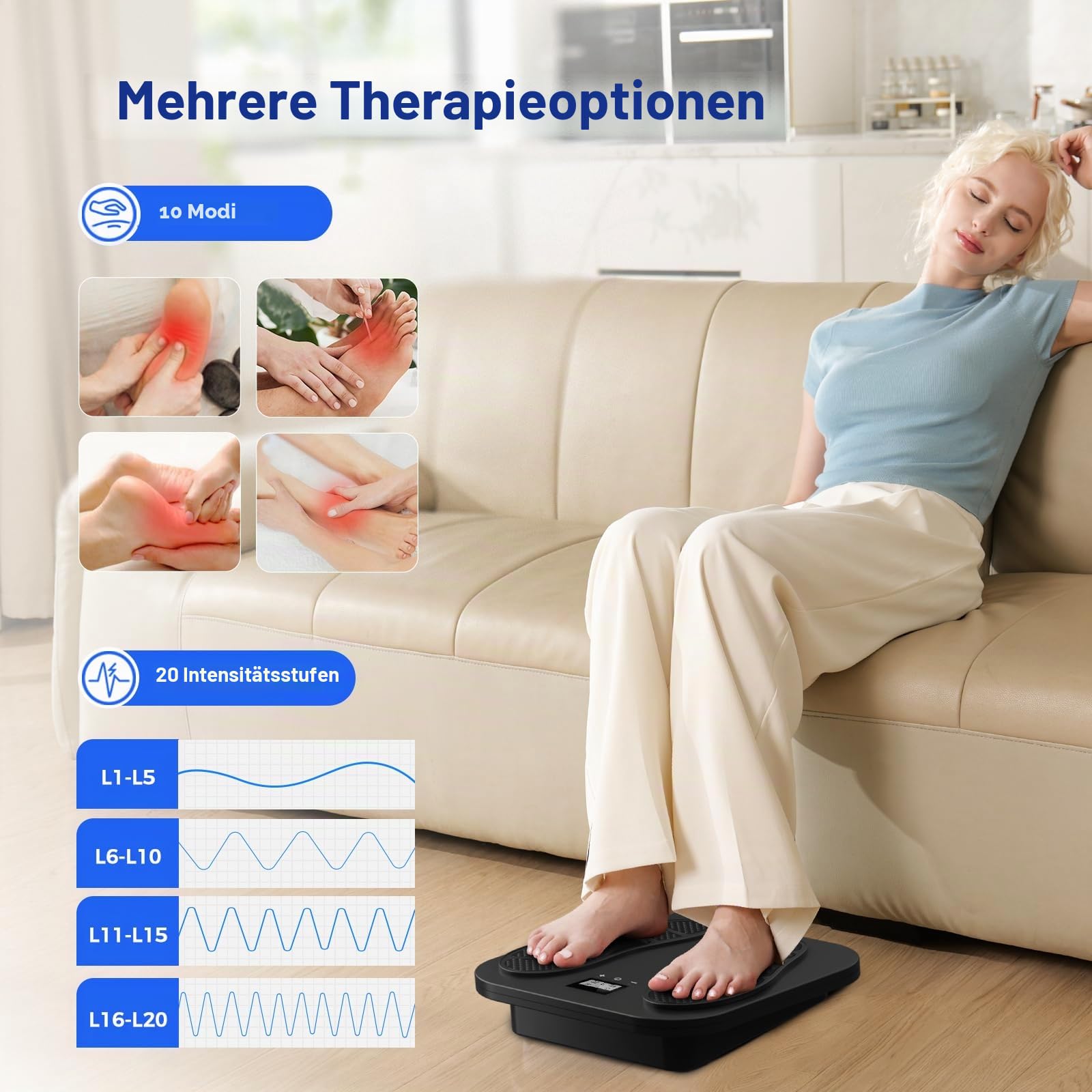 Medic EMS & TENS Fußmassagegerät Elektrisch, Füße Durchblutungs-Stimulator mit 10 Modi und 20 Intensitätsstufen zur Verbessert die Durchblutung, Linderung von Schmerzen, Geschwollenen und Neuropathie