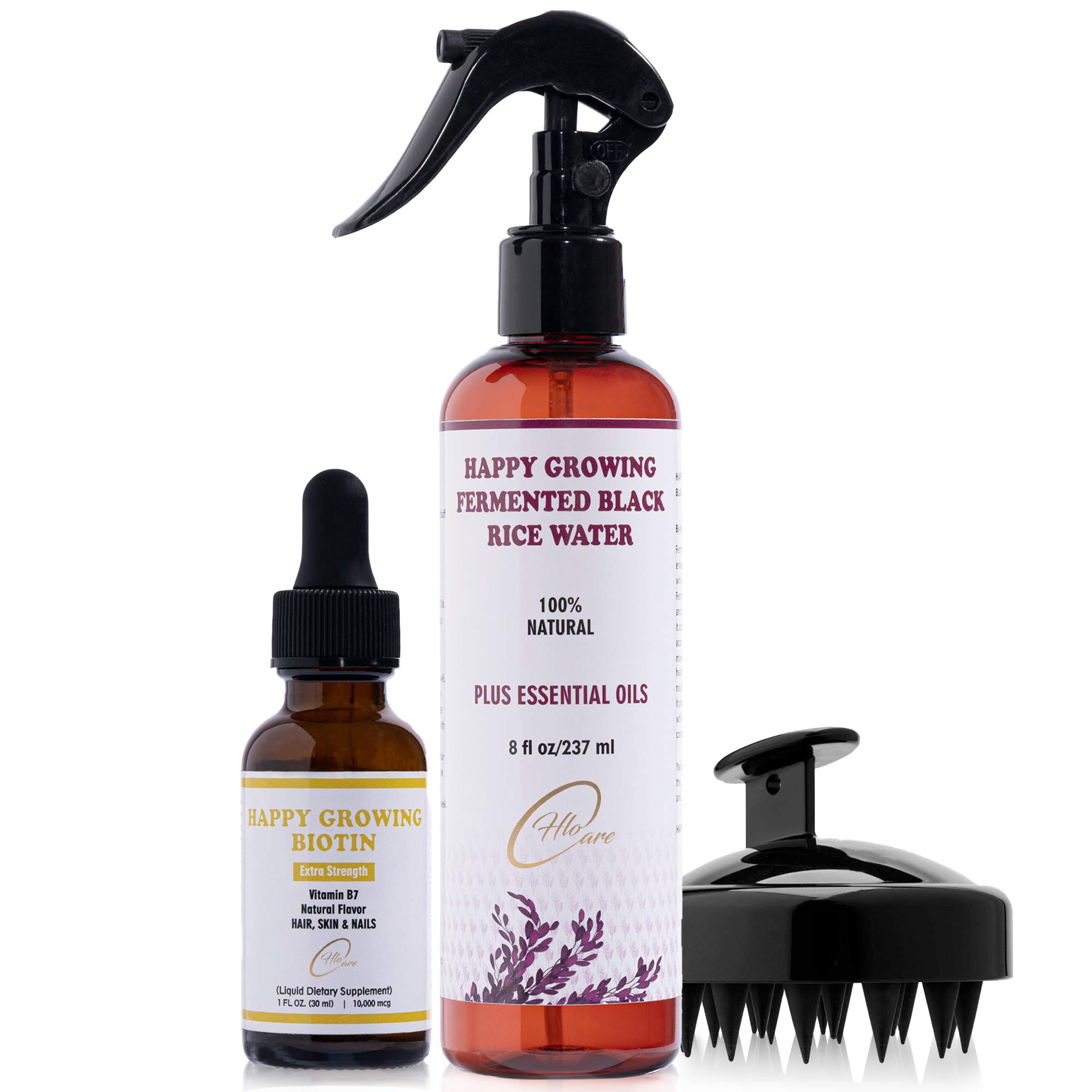 HLOCare Happy Growing Fermented Black Rice Water Conditioner with Essential Oils Grow Kit Plus Liquid Biotin Supplement Drops and Scalp Massager Stimulator Bundle for Ultimate Hair Growth Advantage