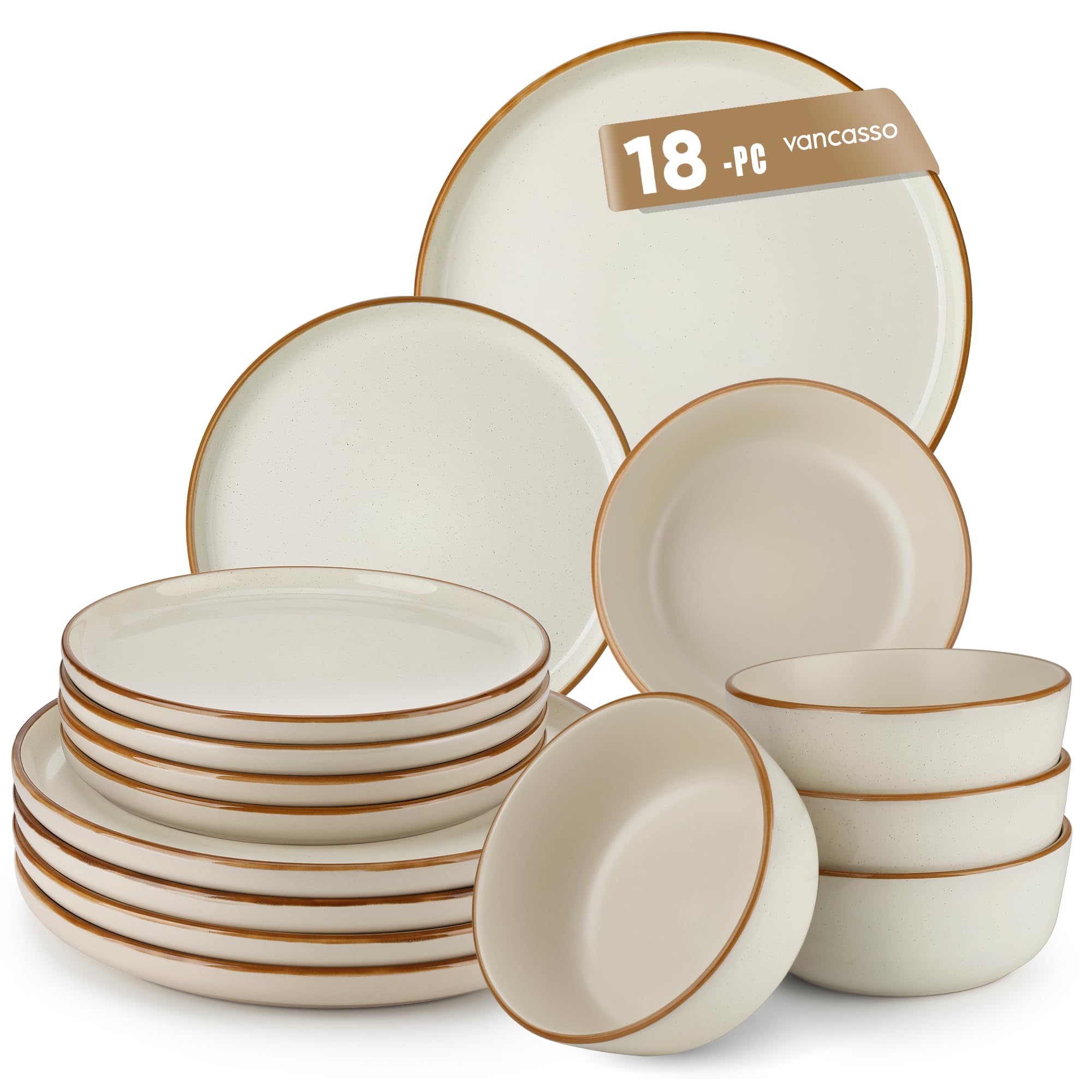 vancasso Reno Stoneware Dinner Set for 6, 18 Pieces Plates and Bowls Set with Dinner Plates, Dessert Plates & Cereal Bowls, Beige Speckled Crockery Set, Chip & Scratch Resistant