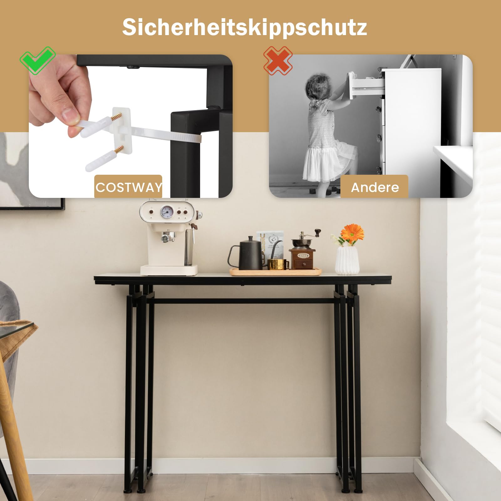COSTWAY Konsolentisch schmal, Flurtisch Marmor Optik, Beistelltisch mit Metallrahmen, Eingangstisch modern, schmaler Tisch für Wohnzimmer & Eingang, 110 x 30 x 81 cm (Schwarz)