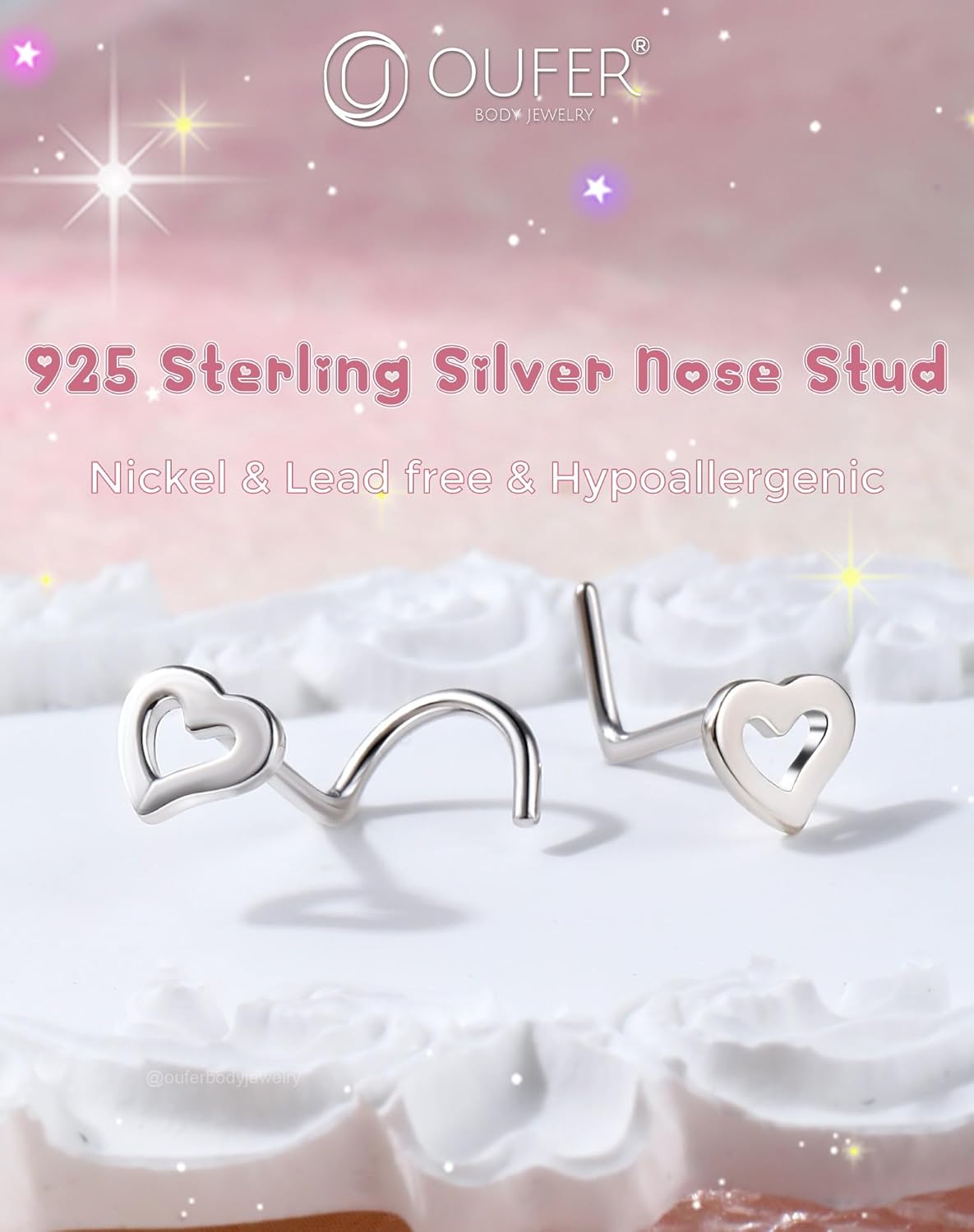 OUFER Heart Nose Rings Studs, 925 Sterling Silver L-shaped Nose Piercing Jewelry for Women Men, 20G Nostril Jewelry-7mm - Image 7