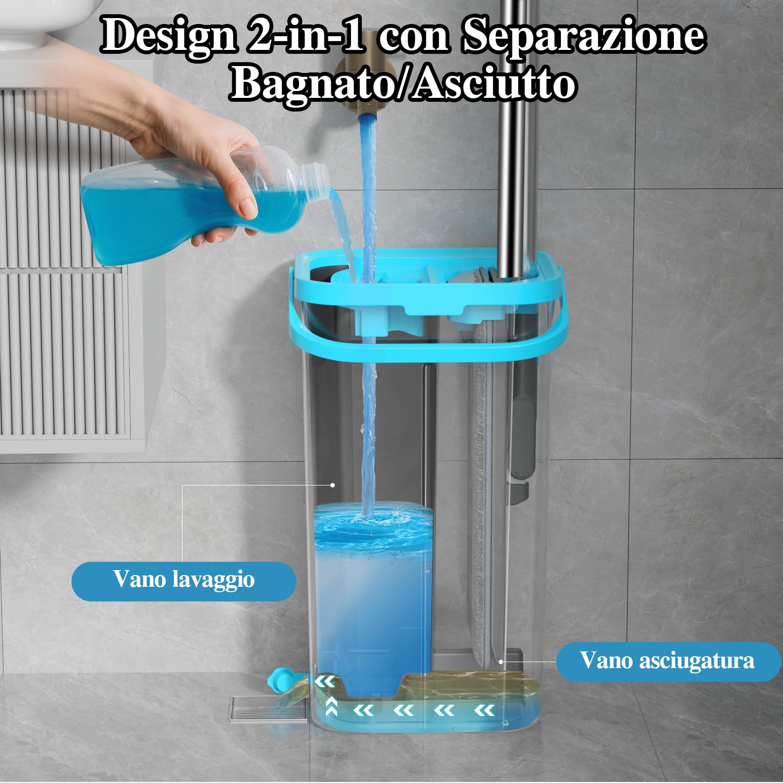 MASTERTOP Mocio Piatto Lavapavimenti in Microfibra 140cm e Secchio Strizzatore con Mani Libere, Mocio Rotante 360°+ Secchio a 2 Scomparti, con 4 Pannis Riutilizzabili (Grigio scuro)