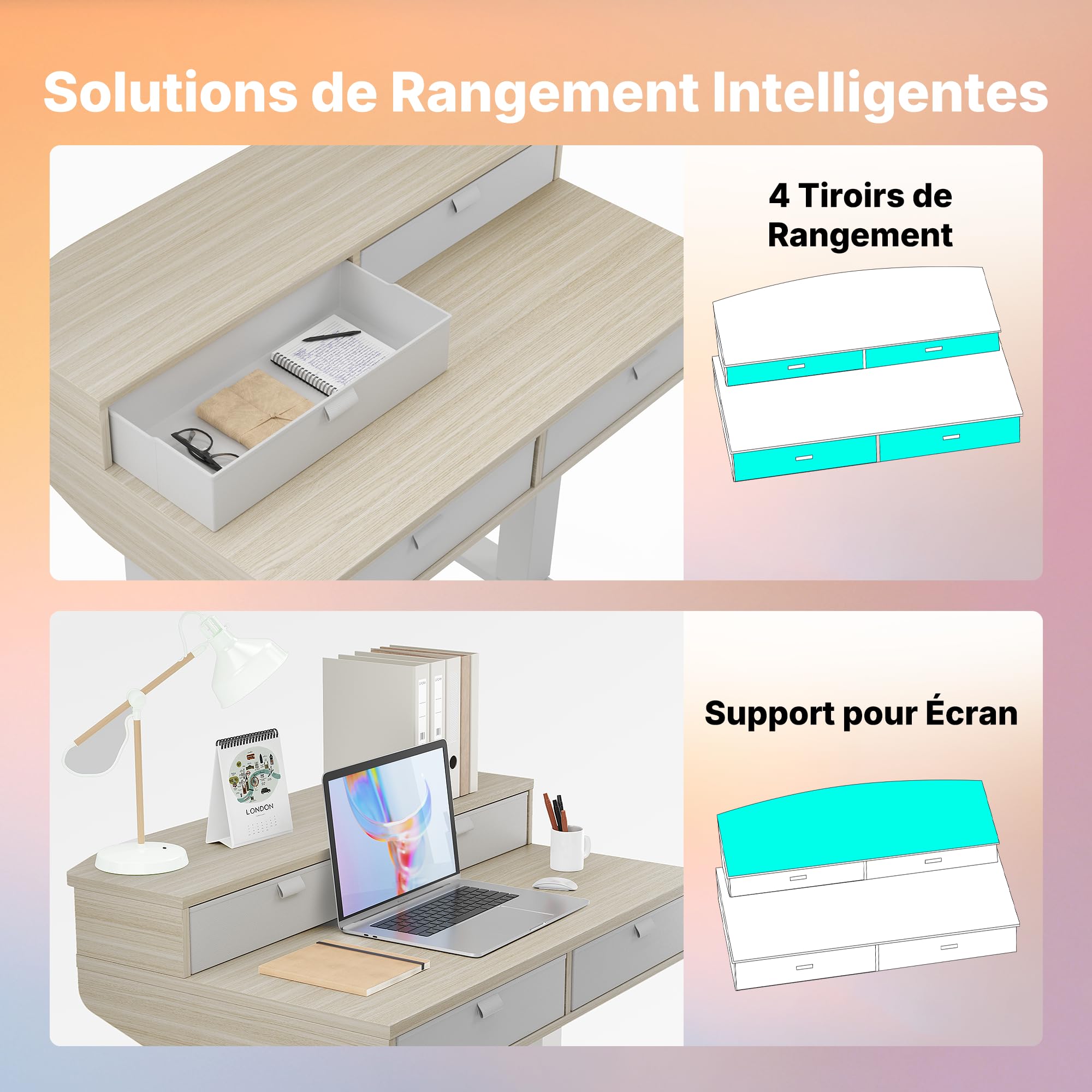 HUANUO Petit Bureau Assis Debout Tiroirs 80 x 53 cm Réglable Hauteur