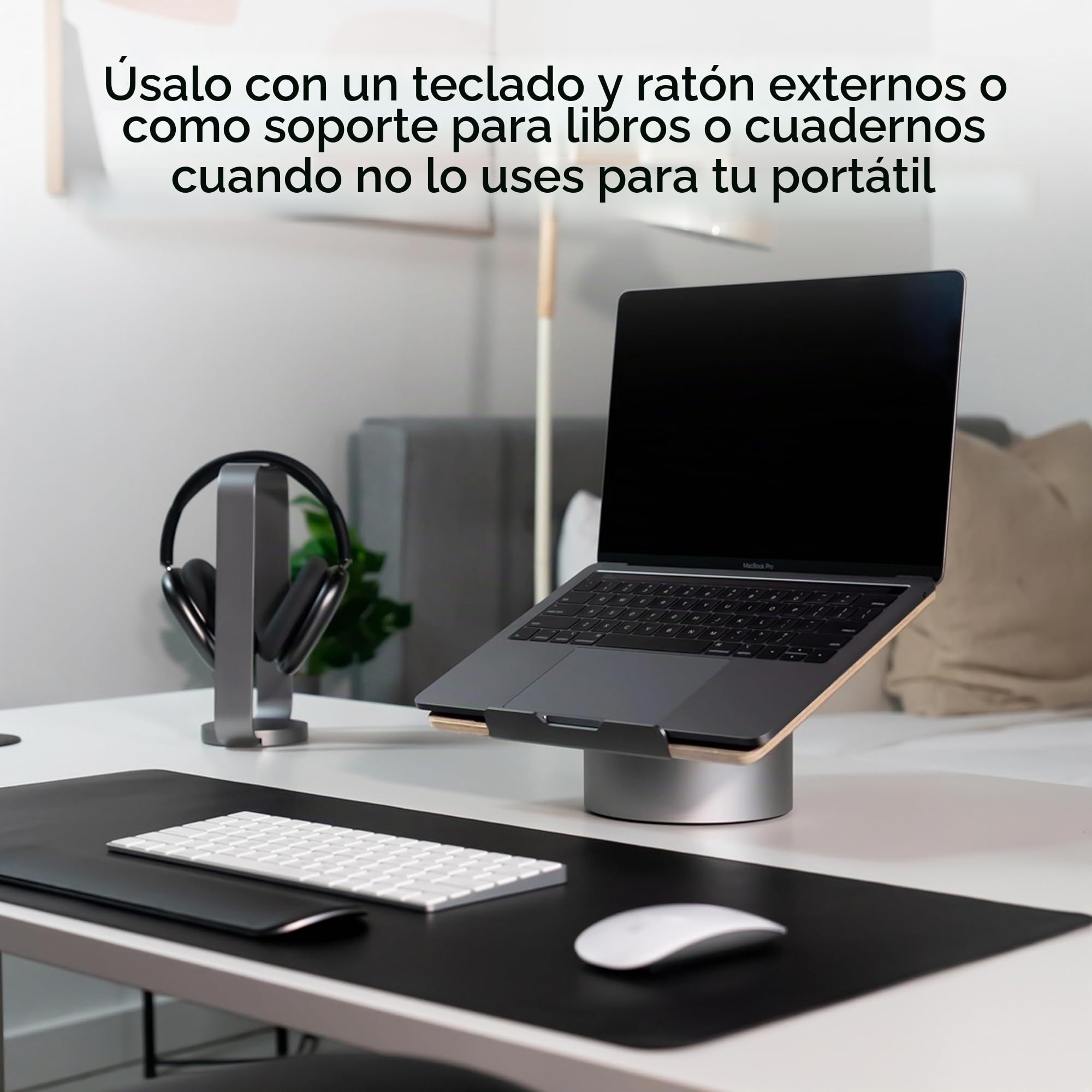 HumanCentric Soporte para computadora portátil para Escritorio – Elevador para computadora portátil en Aluminio Gris Espacial, Compatible con MacBook, Soporte ergonómico de Madera de Nogal Negro