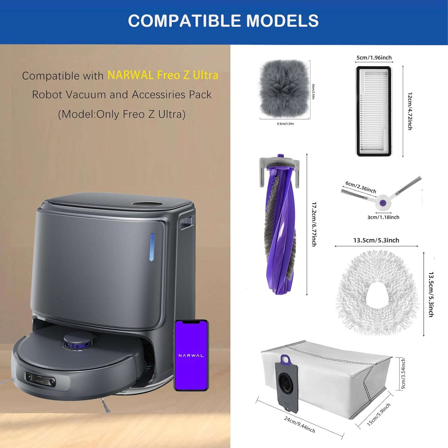 22 Pack Replacement Parts for Narwal Freo Z Ultra Robot Vacuum Cleaner, 1 Main Roller Brush 6 Side Brushes 4 Hepa Filters 4 Mop Pads 4 Vacuum Bags 2 Baseboard Rag1Clean Tool