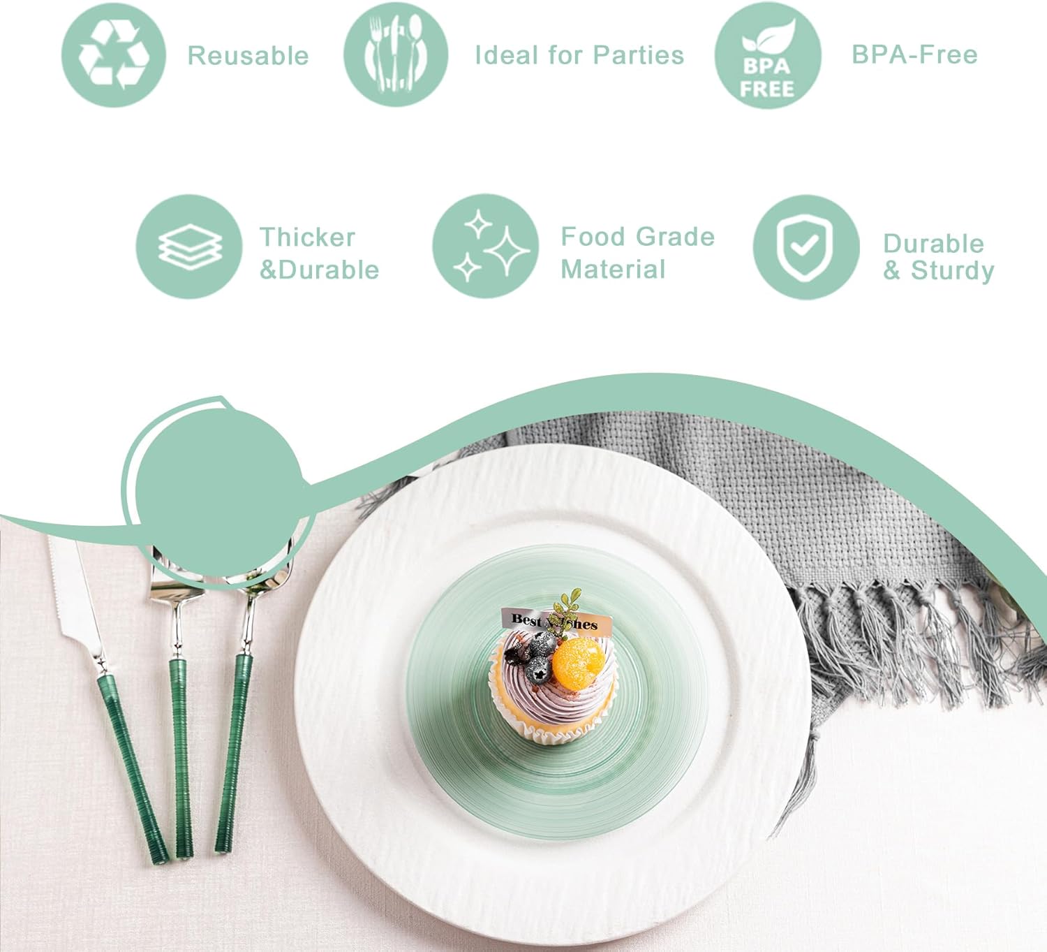 100 Count 6 Inch Transparent Green Plastic Plates, Heavy Duty Disposable Dessert Salad Plate, Round Fancy Appetizer Plates for Wedding, Party - Image 3