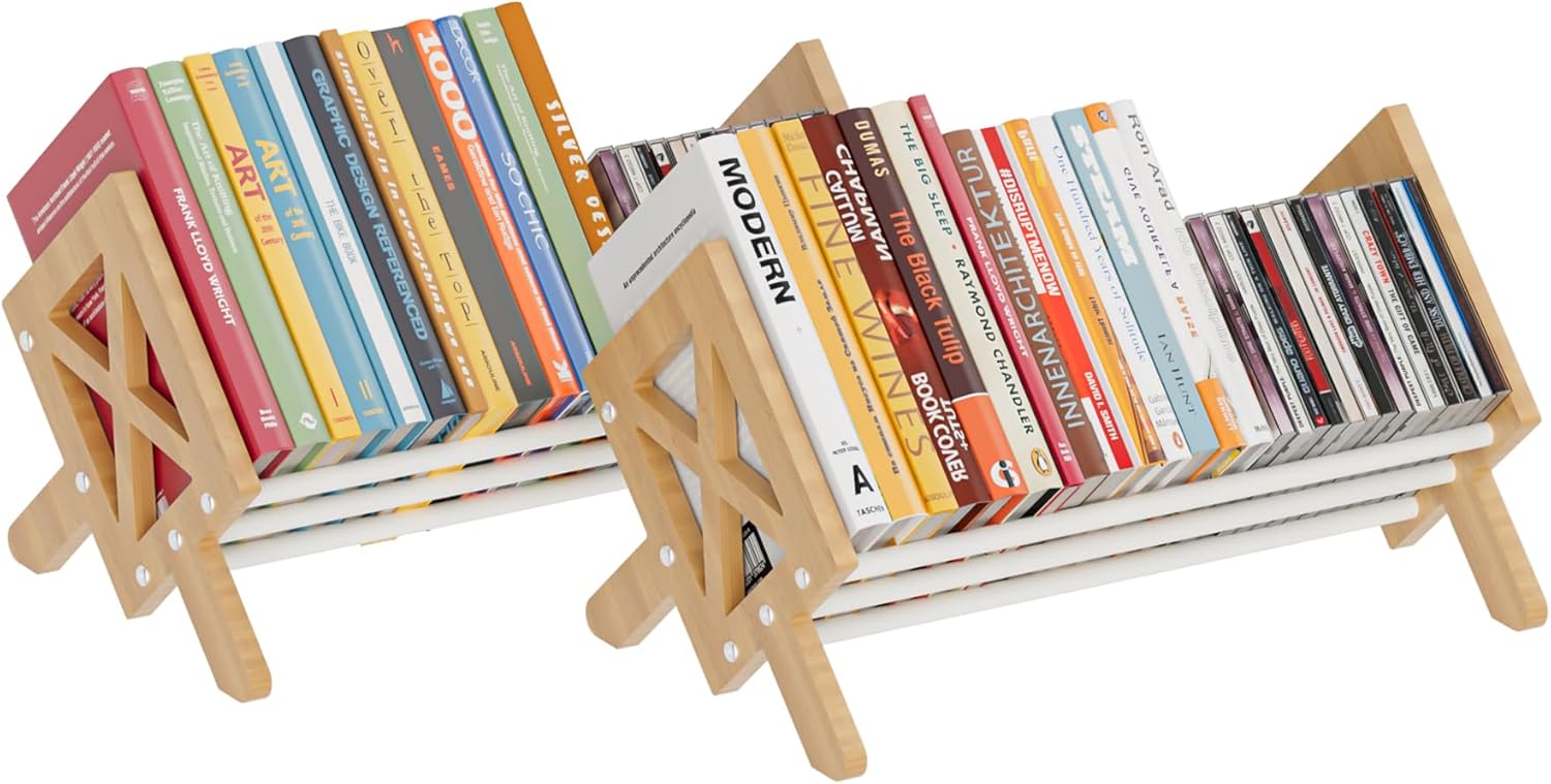 Desktop Bookshelf Organizer, Wood Office Tabletop Book Storage Rack, Tilting Bookcase for Books/CDs/Magazine Display (2 Packs White)