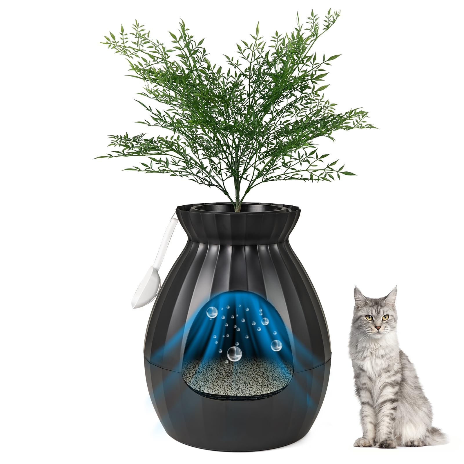 FANTASK Caja de Arena para Gatos, 50 x 50 x 59 cm, con Sistema electrónico de eliminación de olores, Estilo Maceta con Planta Artificial y guijarros, Caja de Arena Negra
