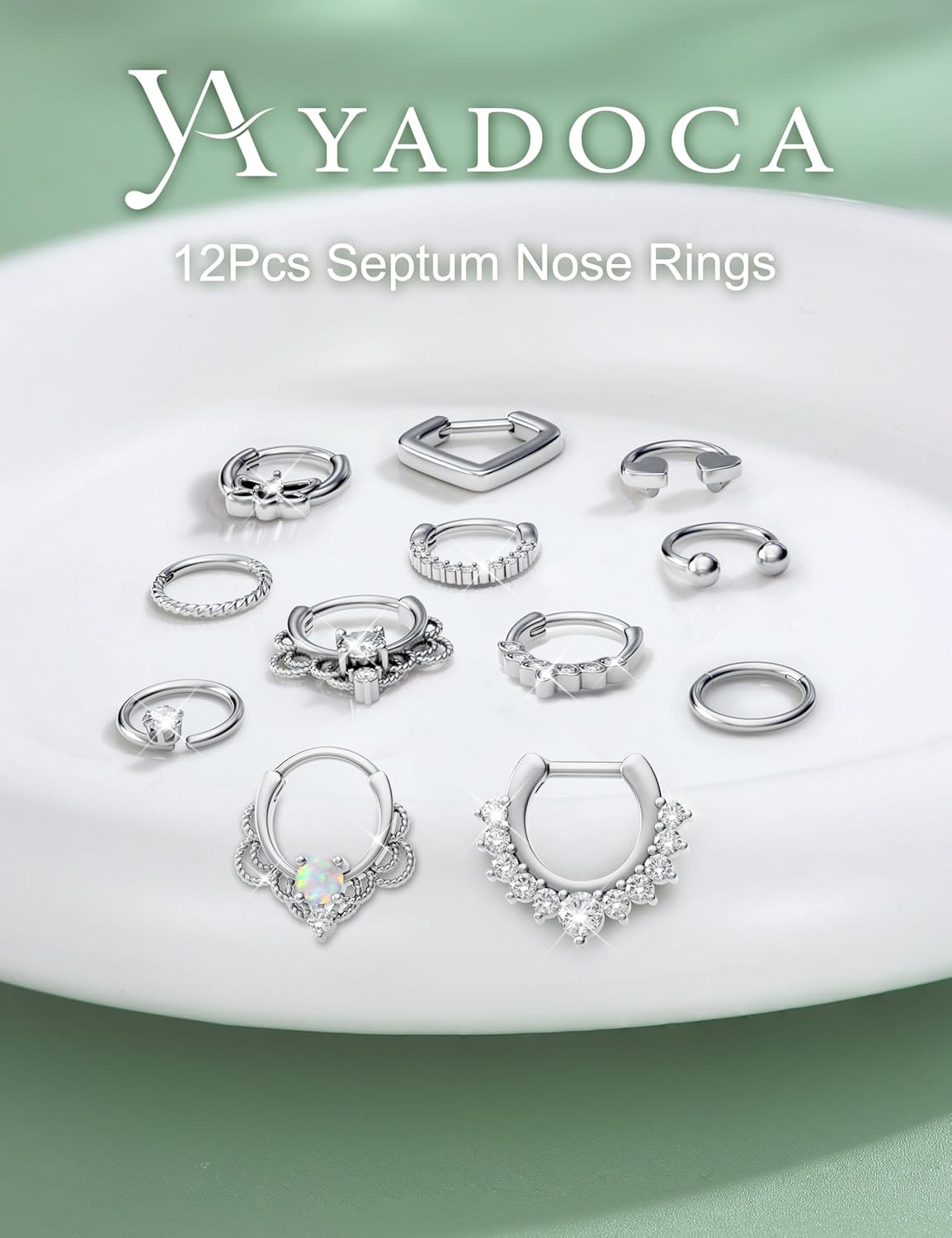 YADOCA 12pcs 16G Septum Rings for Women Men Hypoallergenic Surgical Steel Nose Piercings Jewelry Clicker Hinged Tragus Hoop Earrings CZ Love Nose Ring 8-10mm - Image 5
