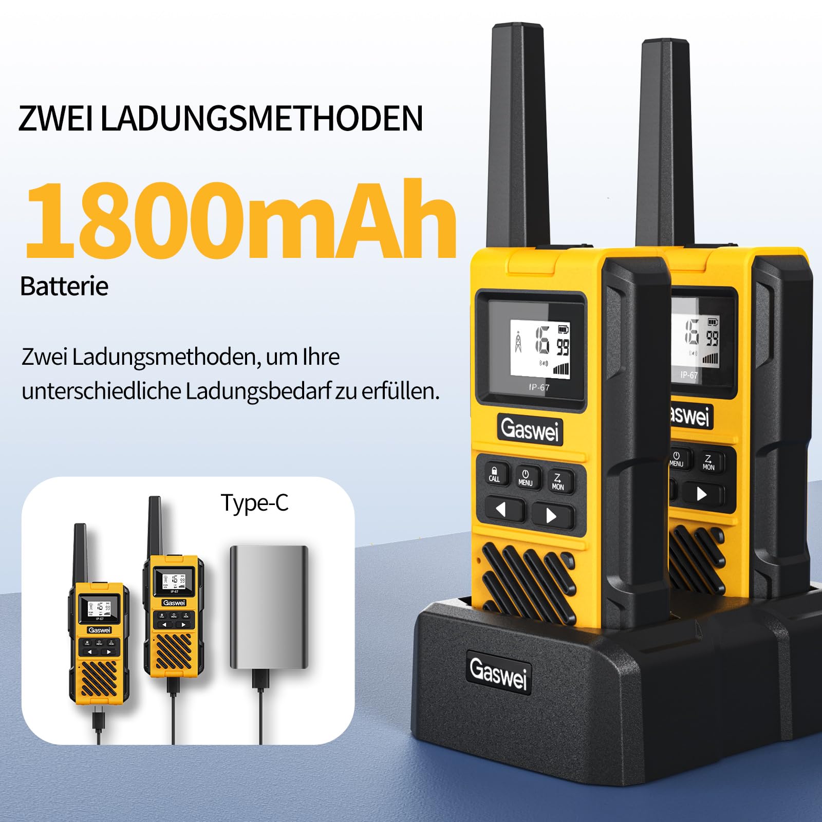 Gaswei G1pro Hochleistungs- Walkie Talkies mit großer Reichweite für Erwachsene, wiederaufladbare Notfallfunkgeräte, 16-Kanal-Walkie-Talkie mit Lithium-Ionen-Akku, IP67 wasserdicht (2 Stück)