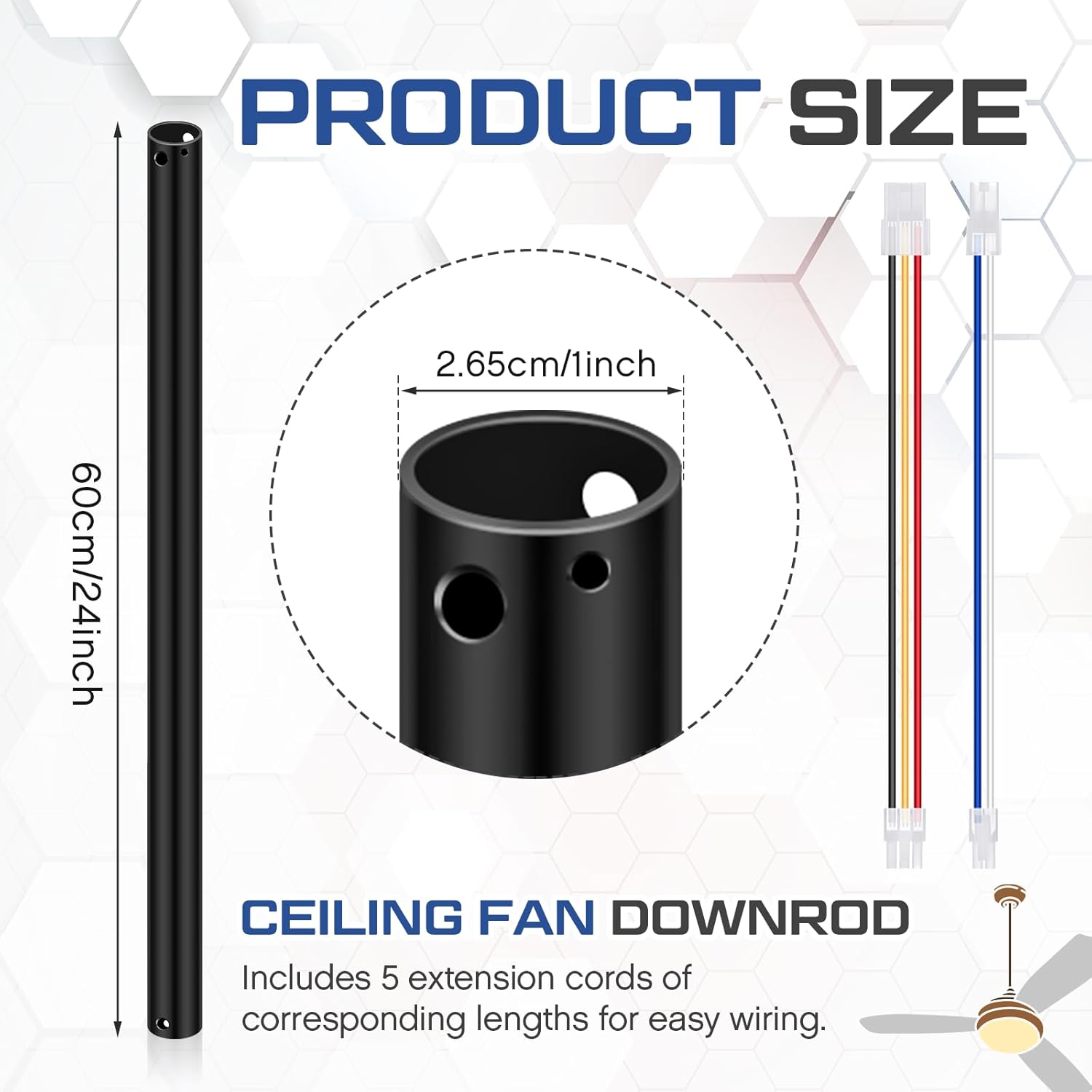 VIHOSE 24 Inch Ceiling Fan Downrod with Extension Cord 2 ft Black Downrod for Ceiling Fan 1 Inch Outside Diameter Not Threaded Suitable for a Wide Range of Fans
