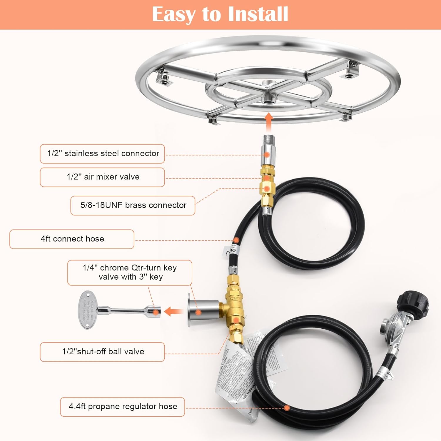 Hiorucet 12 Inch Fire Pit Burner Ring Kits, DIY Propane Gas Firepit Insert Round Burner with Igniter Kits and Propane Hose Kits for Indoor or Outdoor, Stainless Steel LP Fire Pit Replacement Parts.