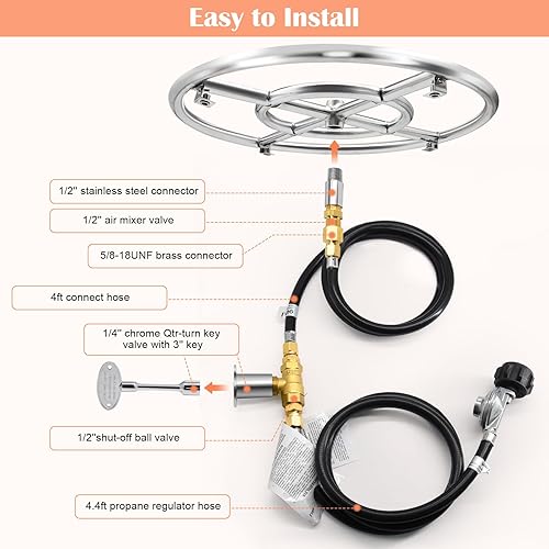 Miniatura 8 de Hiorucet Anillo de quemador redondo de 24 pulgadas, anillo de quemador de chorro de acero inoxidable 304 para fogata y chimenea de gas natural y