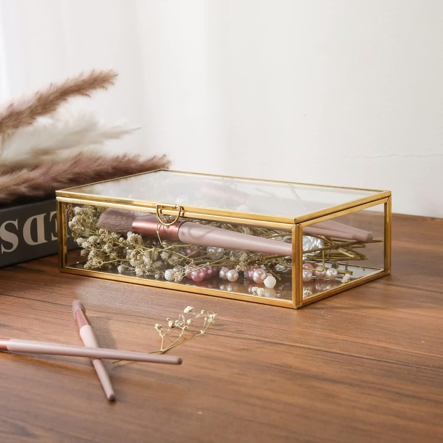 Vintage Glass Jewelry Box Keepsake Box with Hinged Lid, Great for Storage Trinket/Jewelry/Card/Photo, Gold Decorative Box for Dresser-15612E