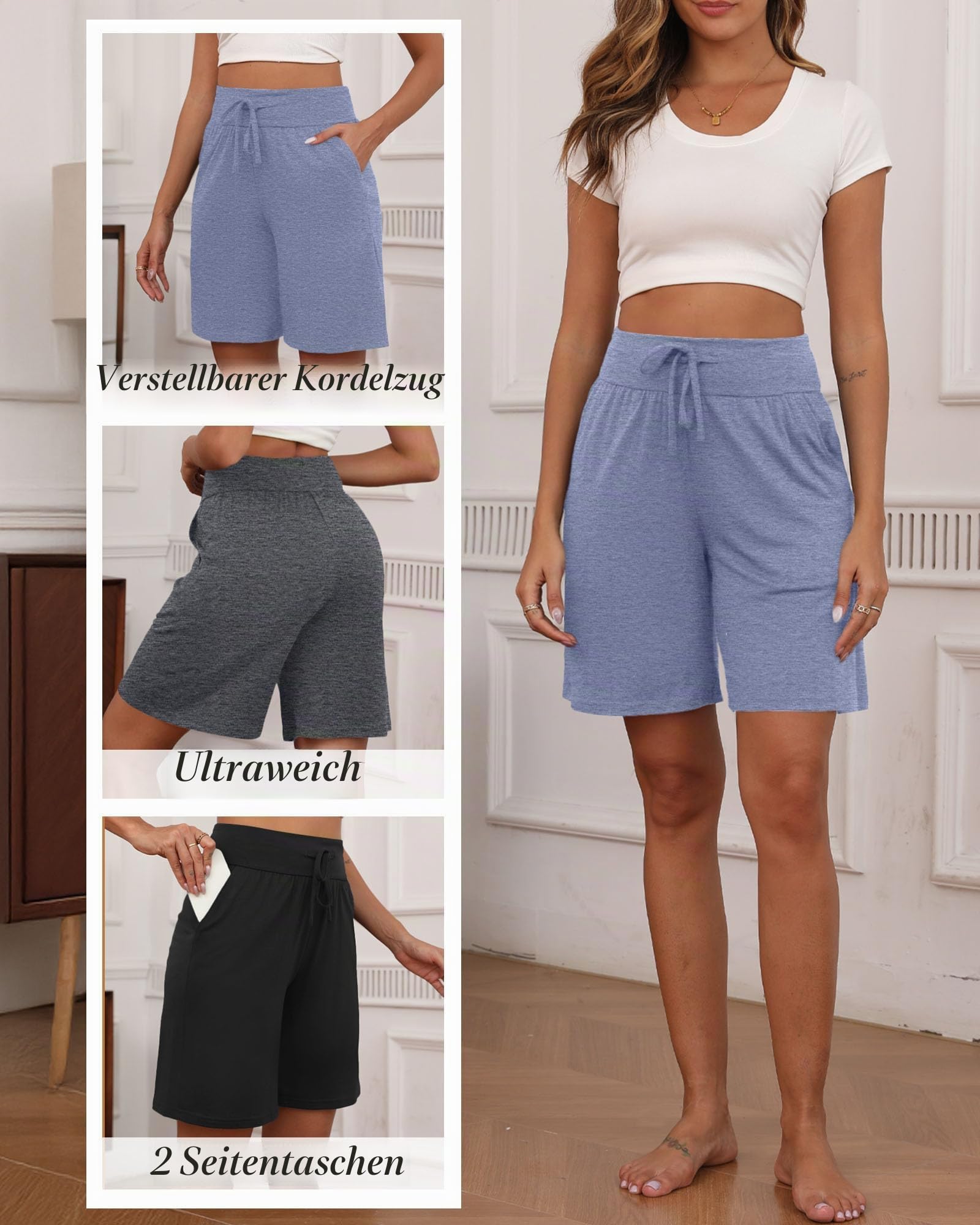 Neer 3er-Pack Bermuda-Shorts für Damen, Weites Bein, Hoher Bund, Kordelzug, Sportshorts mit Tasche