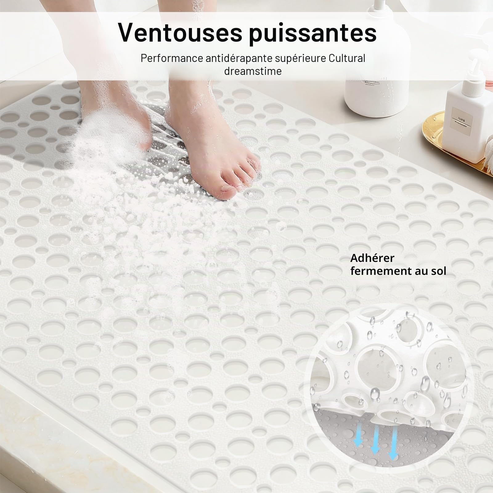 Tapis de douche antidérapant et anti-moisissure : 60 x 90 cm Grand tapis de douche pour bac de douche à l'italienne - Tapis de bain antidérapant en caoutchouc souple pour sol humide - Lavable en