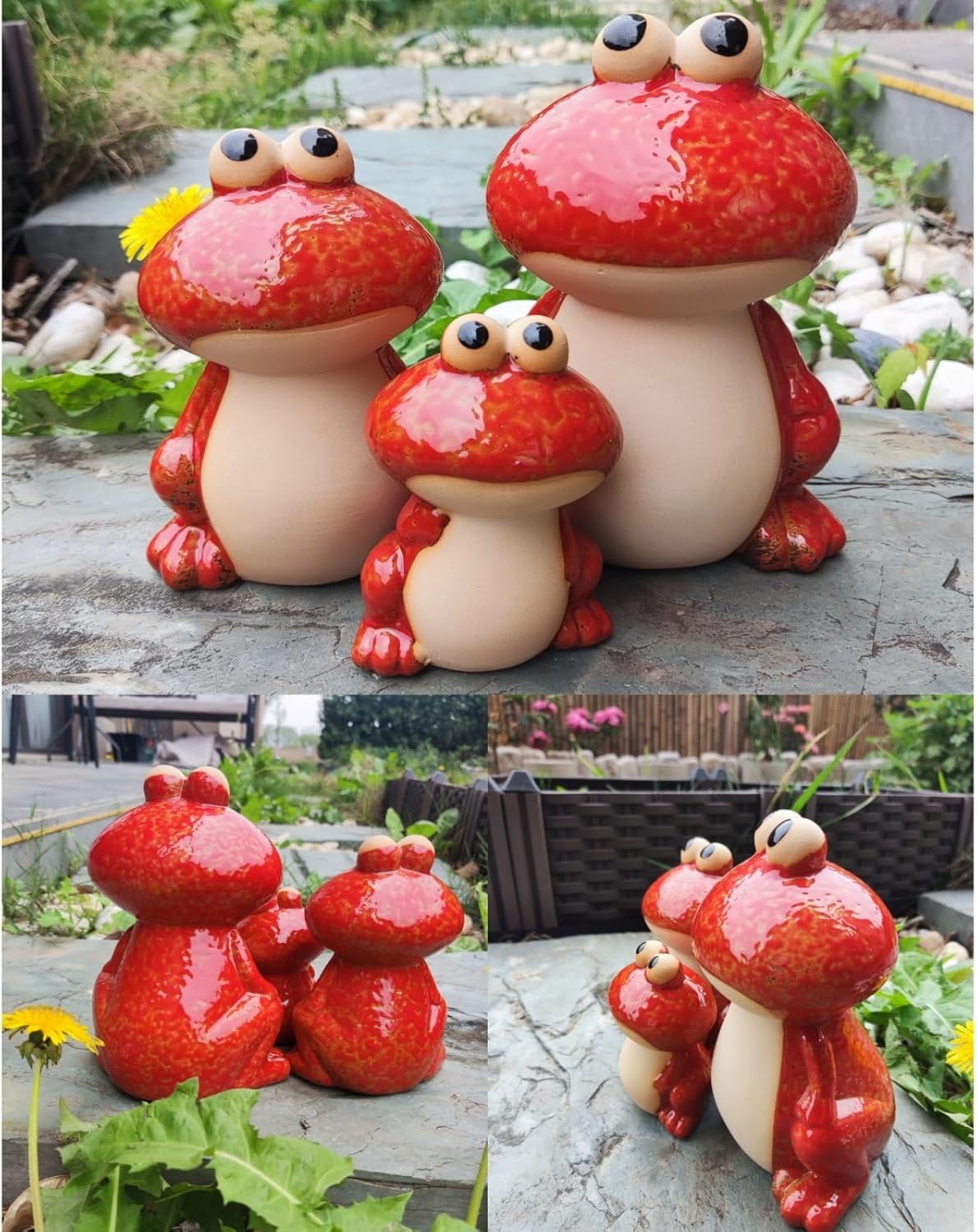 Frog Statues for Garden, Ceramic Frog Garden Decor for Outside, Cute Outdoor Yard Decorations Set of 3, Yard Decorations Gifts for Women, Mom, Grandma, Family and Friends(Red)