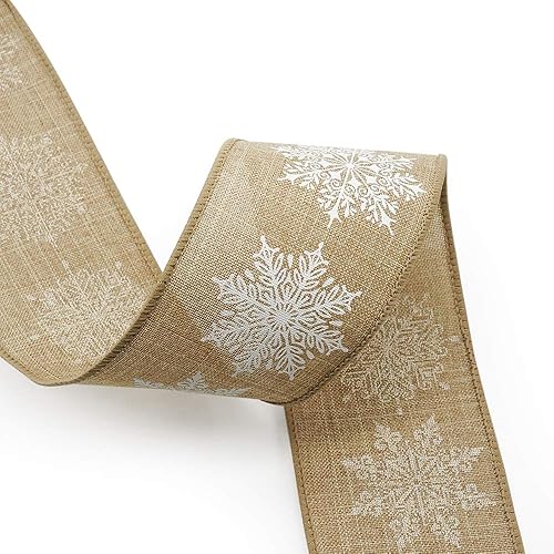 Miniatura 3 de CT CRAFT LLC Yute sintético de color bronceado natural con cinta blanca de copo de nieve para decoración del hogar, envoltura de regalos,