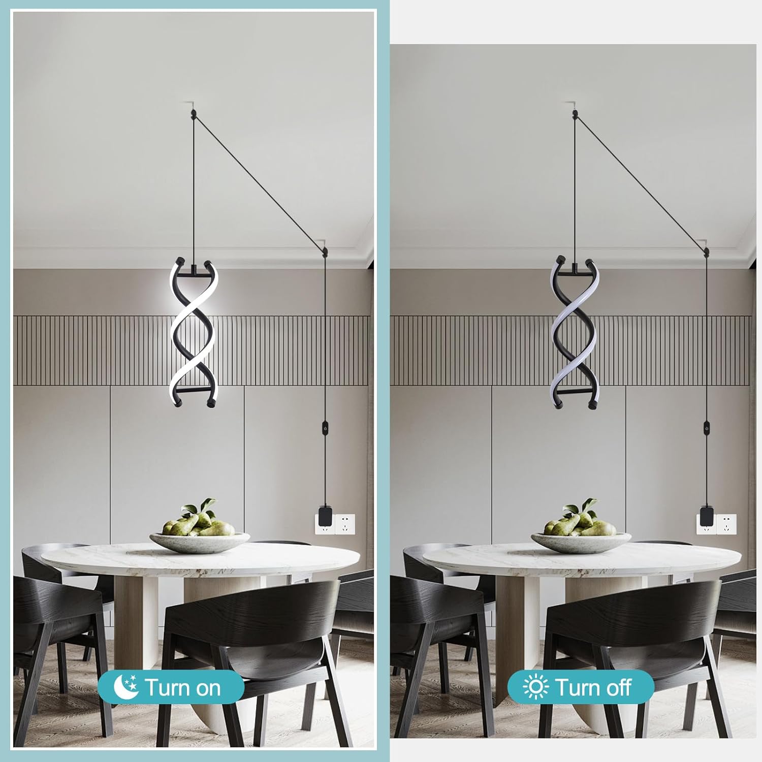 CANEOE Spiral Plug in Led Pendant Light Fixture, 9.84FT Modern Hanging Light with Plug in Cord On/Off Switch,Black Hanging Pendant Lamp for Living Room Bedroom Dining Room Kitchen Island, 1 Pack