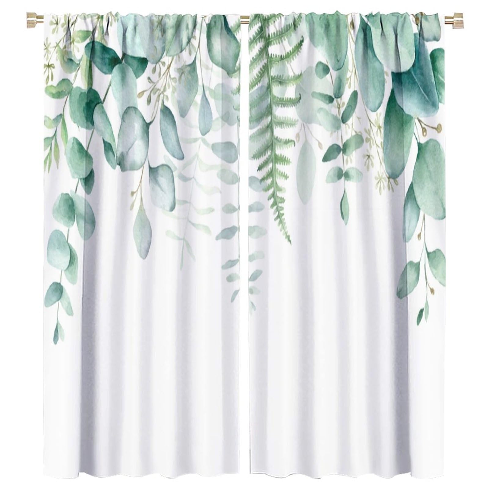 Green Eucalyptus Leave Curtains Watercolor Sage Spring Botanical Blackout Print Rod Pocket Window Drapes for Bedroom Living Room 55x63in