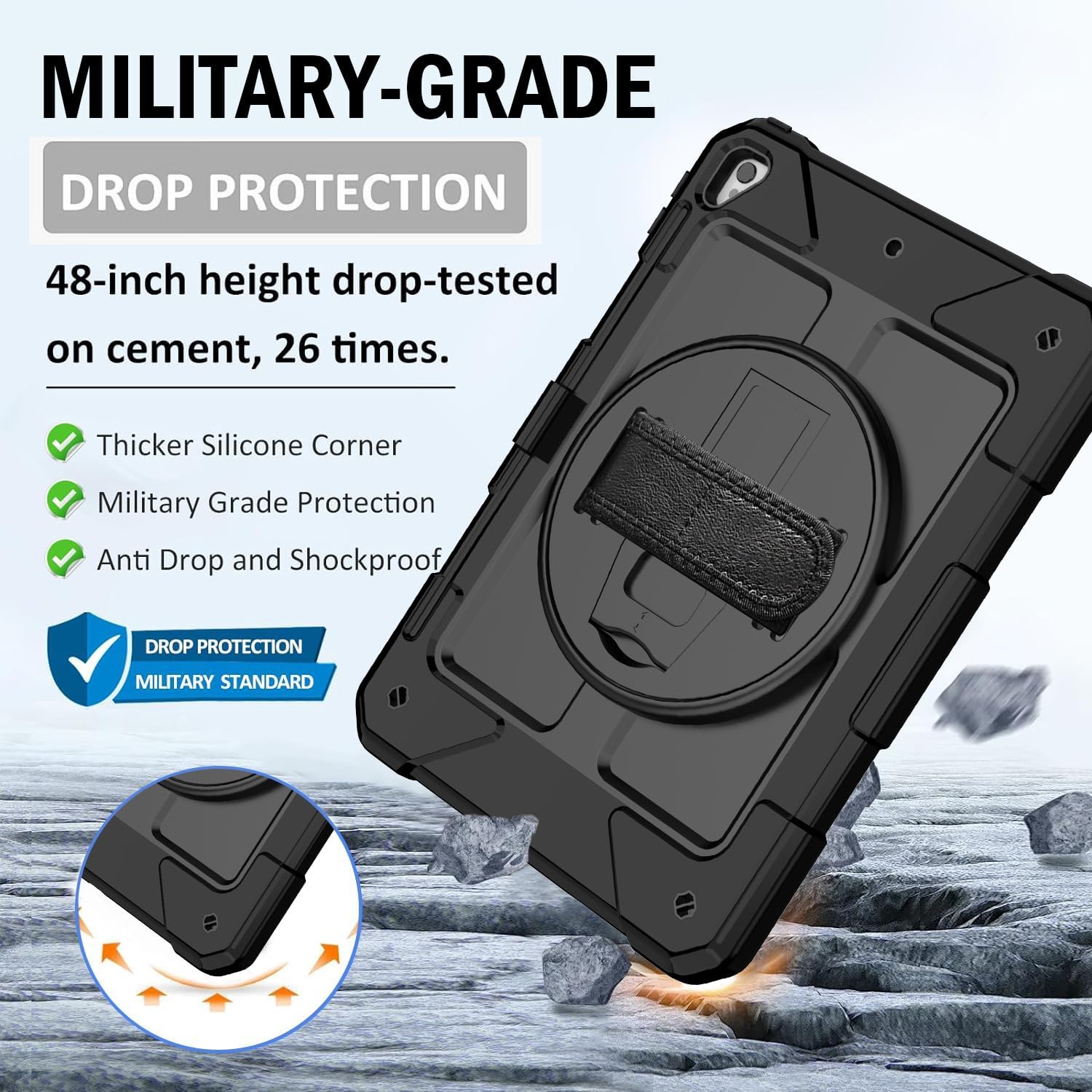 BMOUO Case for iPad 6th/5th Generation Case (9.7 inch, 2018/2017), 360°Rotating Stand, Hand/Shoulder Strap Shockproof iPad 9.7” Case for iPad Air 2, Black - Image 5