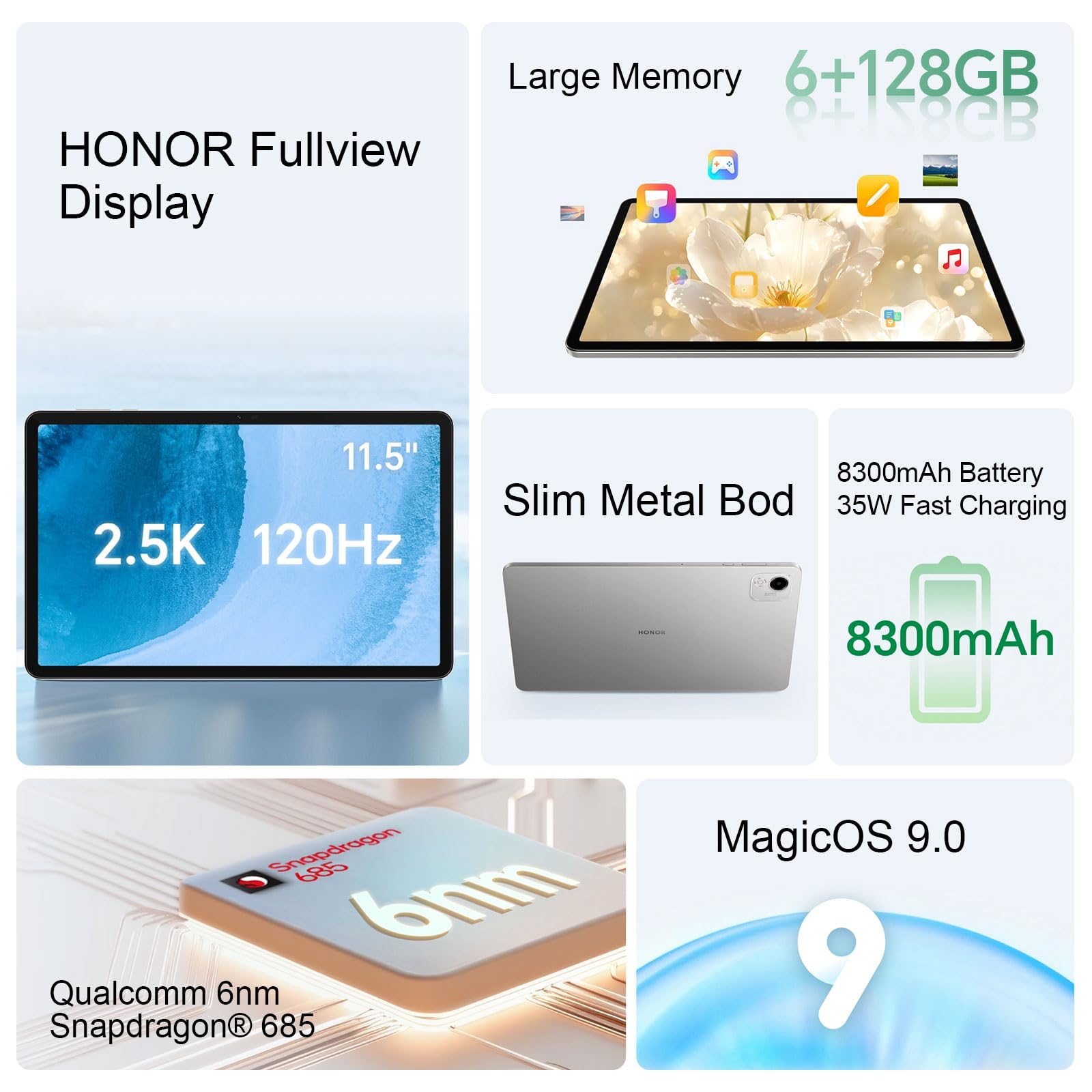 HONOR Pad X9a Tablet 6GB 128GB, LCD da 11,5 Pollici a 120Hz 2,5K, Piattaforma Mobile Snapdragon 685 4G, 8300mAh Batteria, Android 15, Google Service Wifi Tab, Grigio