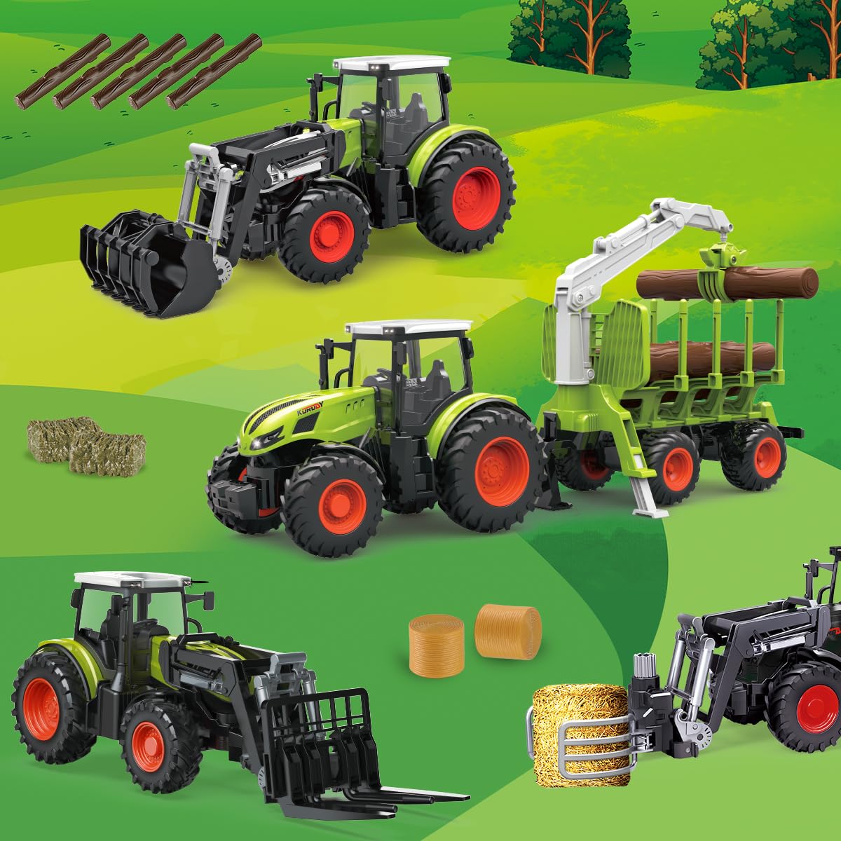 fisca Ensemble de Tracteur télécommandé, Comprenant Un Tracteur, Une Benne en Bois, Un Bras de Benne, Un Chariot élévateur et Un Bras de Chargement, adapté aux Enfants âgés de 5 Ans et Plus.