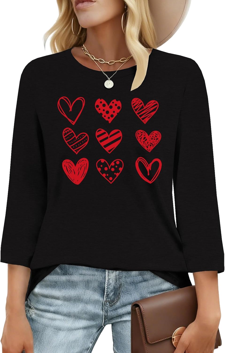 Valentines Shirts for Women: 3/4 Sleeve Heart Letter Print T-Shirt Casual Valentine Day Gift for Her