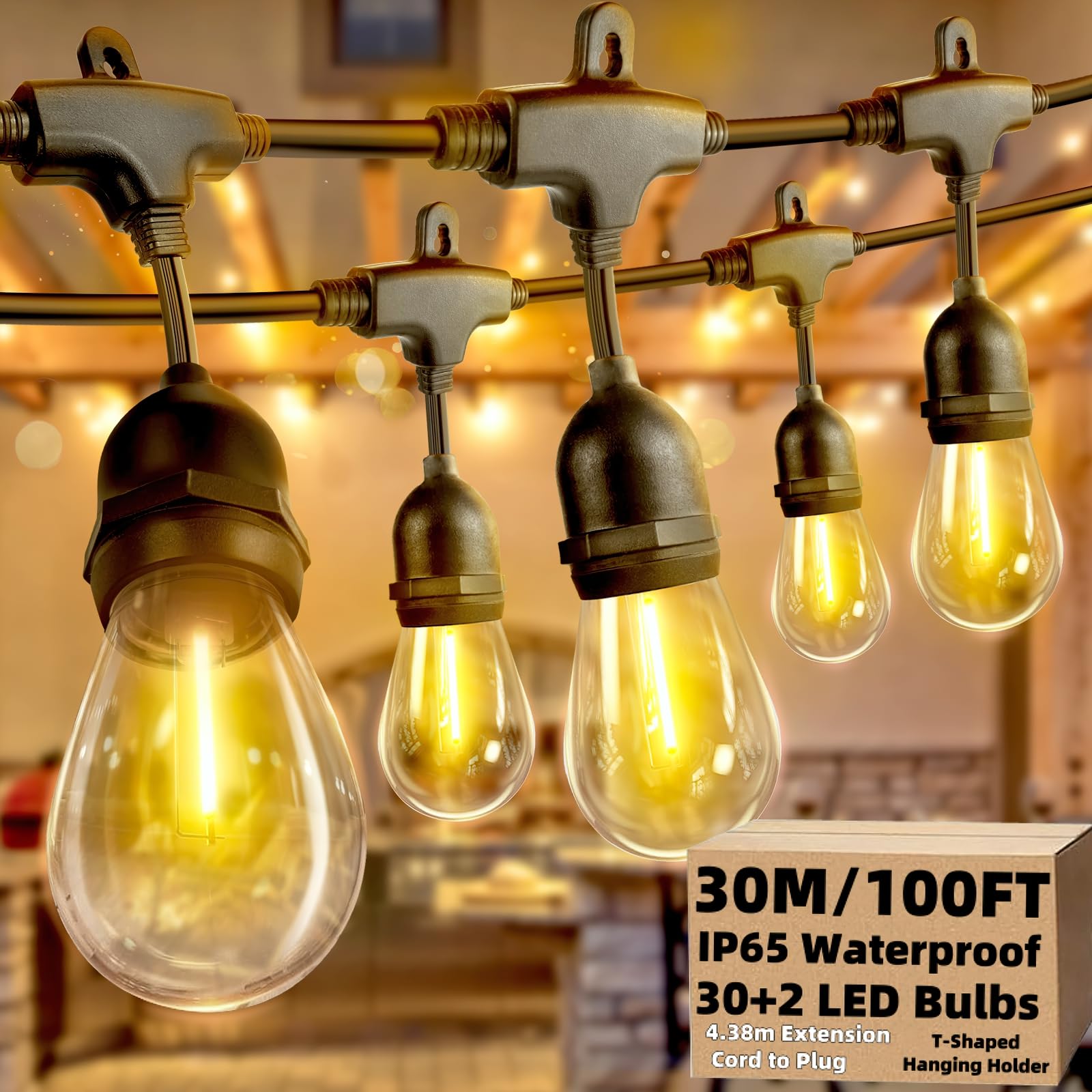 AzureStar 30M Festoon Lights Outdoor IP65 Waterproof Festoon E27 String Lights Garden Lights with 30+2 S14 2700K Shatterproof Bulbs for Outside Party Fence Wedding Pergola, Connectable