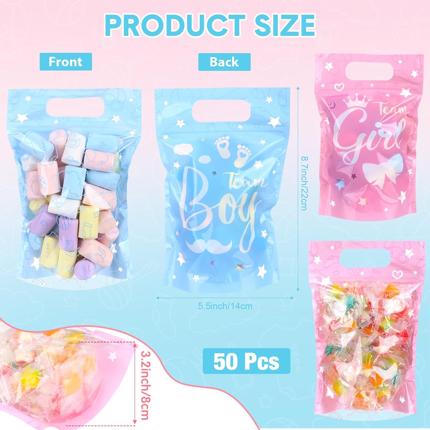 Capoda 50 Pcs Team Boy or Girl Gift Bags Gender Reveal Clear Sealing Bags with Handle Blue Pink Baby Shower Plastic Pouch for Baby Shower Party Candy Gift Wrapping Supplies Decor(Gender Reveal) image 2