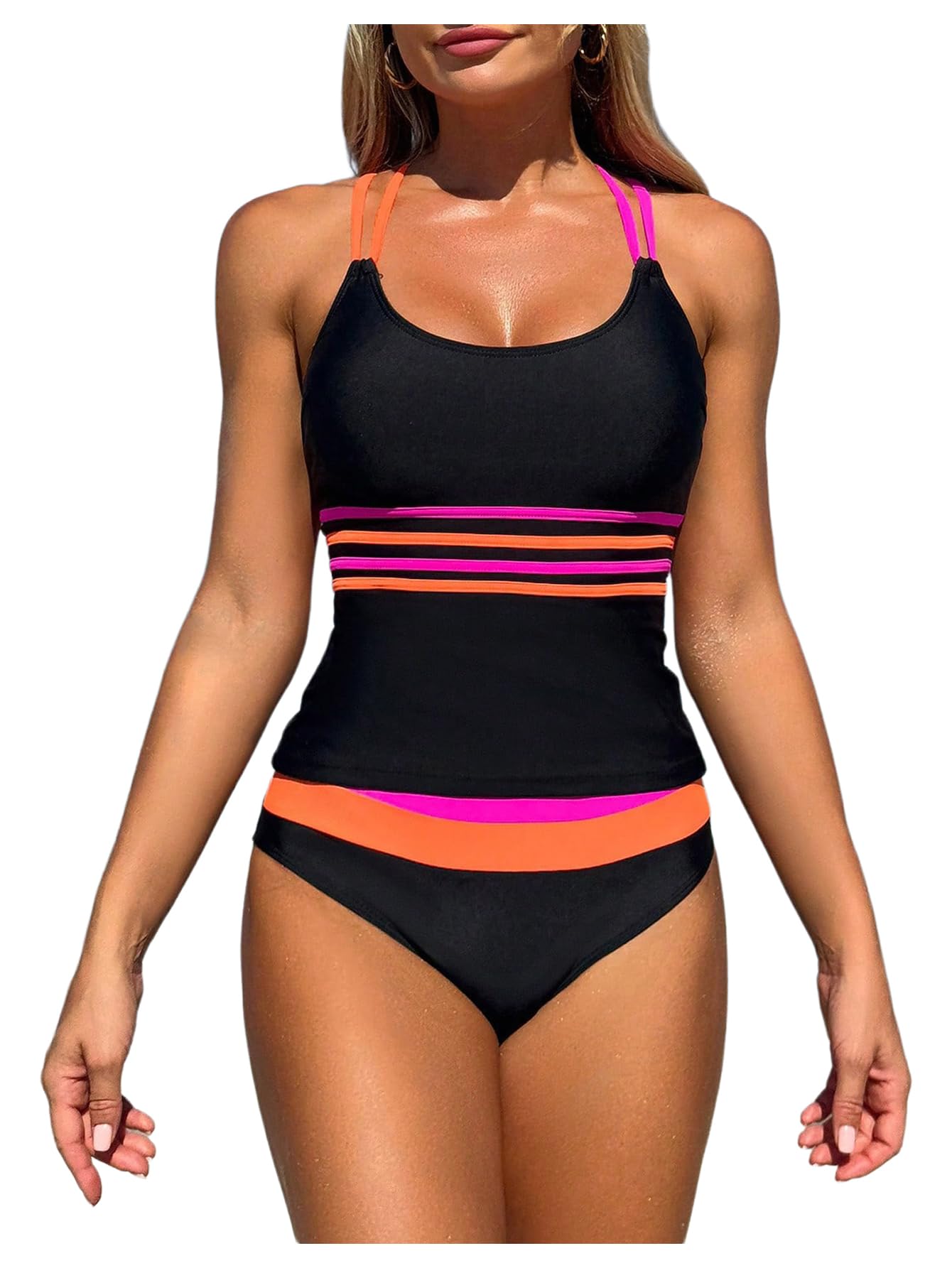 RoseSeek Women's 2 Piece Color Block Tankini Swimsuits Tummy Control Criss Cross Spaghetti Strap Bathing Suit