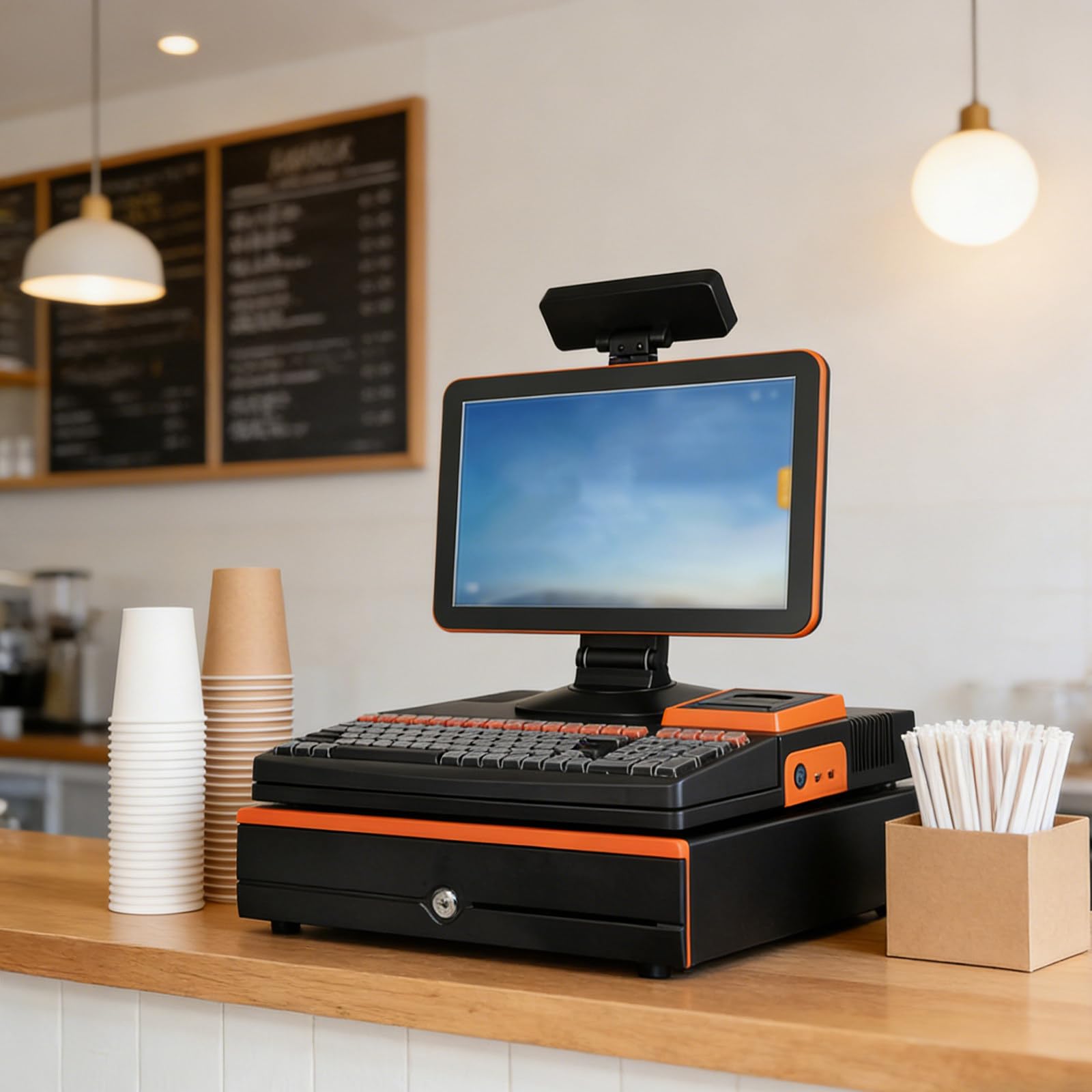 Terminal TPV para Comercio Minorista, Caja Registradora Todo en Uno con Pantalla Táctil, Cajón Portamonedas, Impresora 58mm y Escáner de Código de Barras Orange-8+256GB