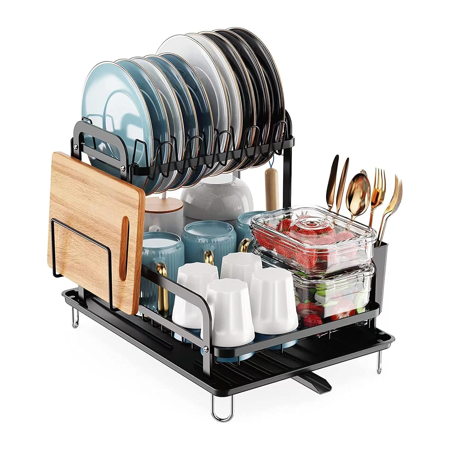 BOBBYQBOBBYQ Dish Drying Rack, 2 Tier Dish Rack and Drainboard Set, Large Capacity Dish Drainer Organizer Shelf with Utensil Holder, Cup Rack for Kitchen Counter, Black