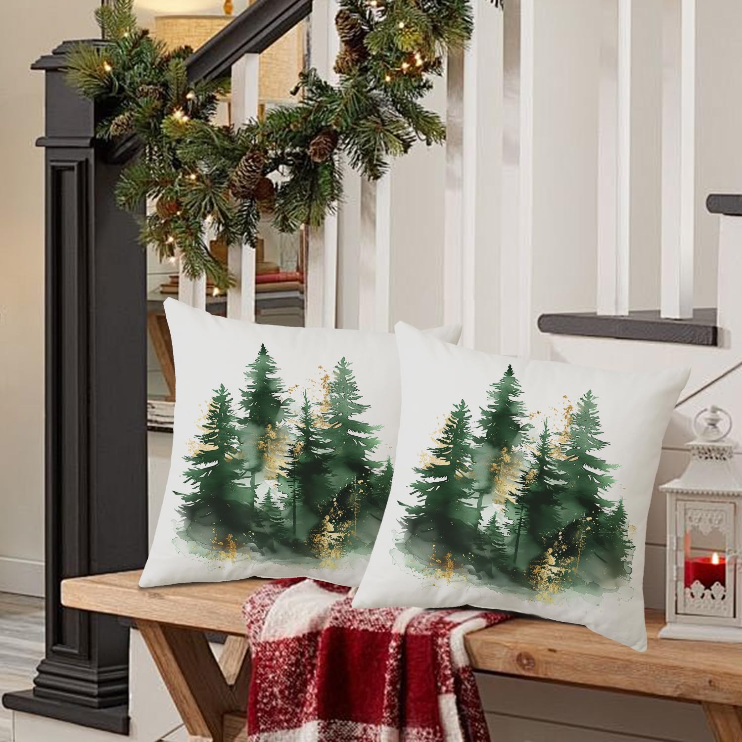 Miaikoe Christmas Cushion Covers 45x45 cm Set of 2 Green Gold Christmas Tree Rustic Decorative Throw Pillows Covers Winter Holiday Decor for Couch Sofa - Image 4