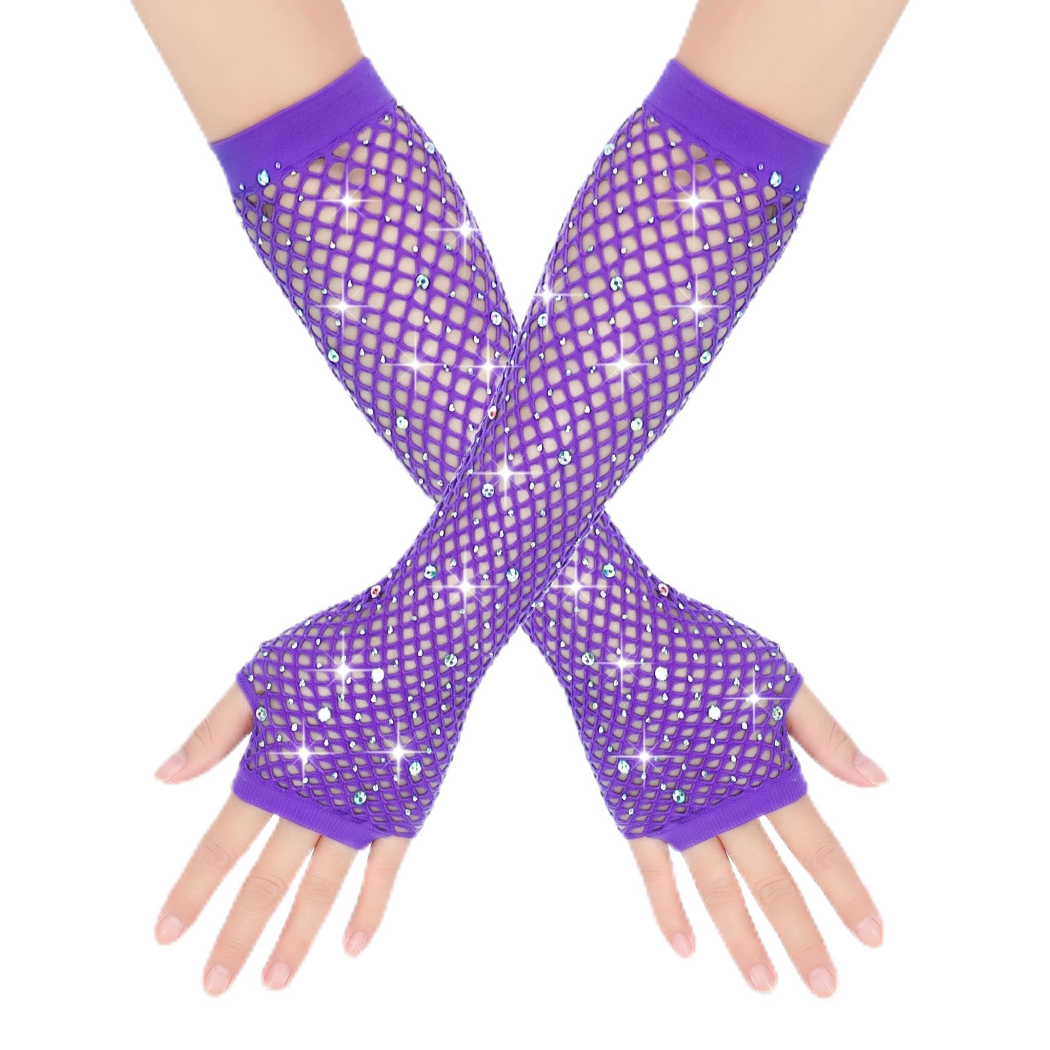 FEWOFJ Rhinestone Fingerless Fishnet Gloves 80s Costume Halloween for Women Purple