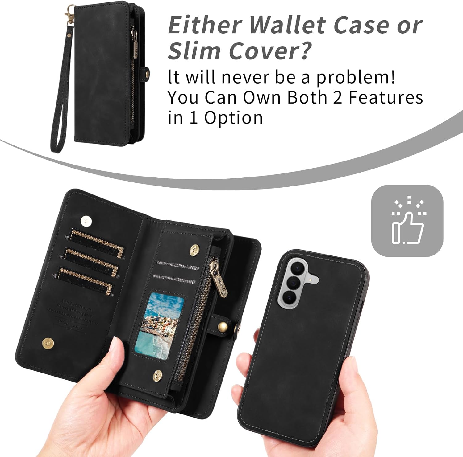 Asuwish Phone Case for Samsung Galaxy Z Fold 7 Zipper Wallet Detachable Cell Cover with Crossbody Lanyard Strap Flip Card Holder Slot Heavy Duty Shockproof ZFold Z7 G Fold7 7Z Women Men Girls Black