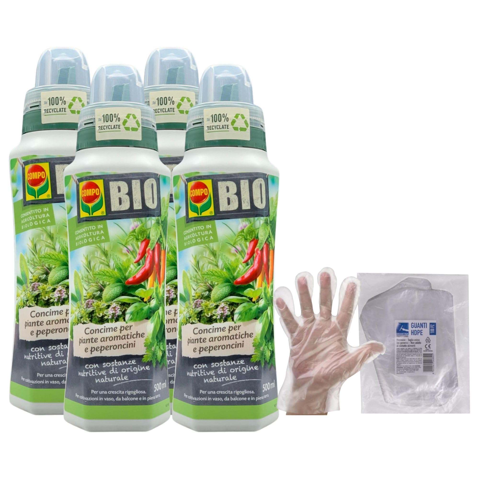 SET: 4x Concime Per PIANTE AROMATICHE E PEPERONCINI, Con Sostanze Nutritive Di Origine Naturale 500ml + 100pz Guanti HDPE Monouso