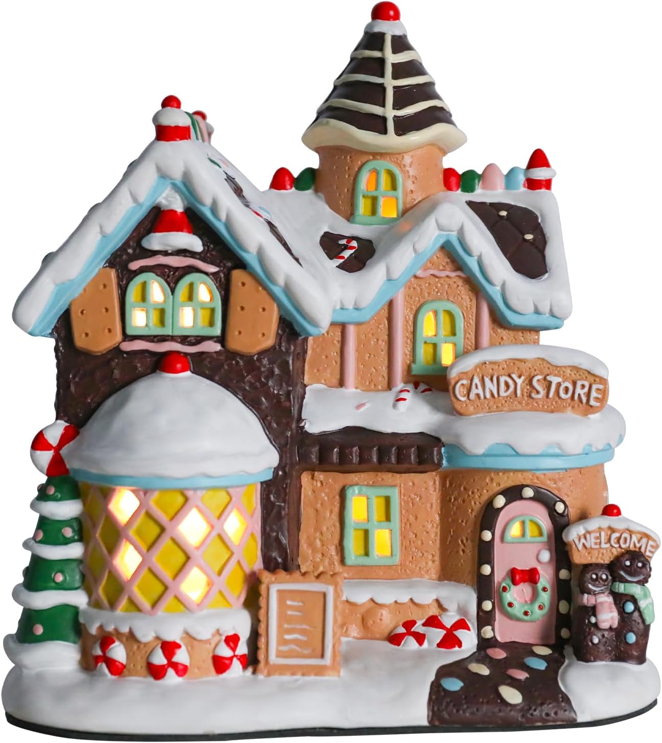 DREAM GARDEN Christmas Village House, Ceramic Gingerbread House with LED Light Gingerbread Candy Store Collectible Buildings for Tabletop Decoration Xmas Mantle Home Decor
