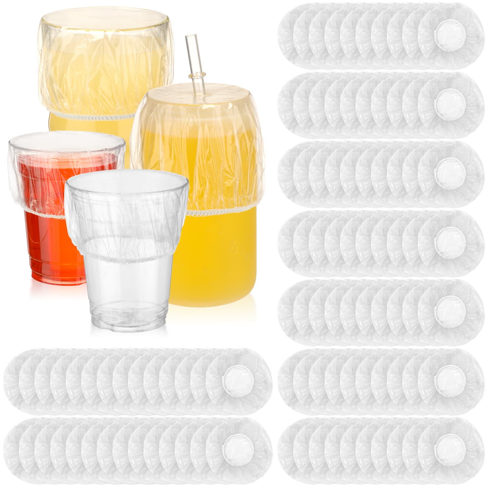 Baderke 100 Pcs Scrunchie Drink Covers - Bulk Disposable Plastic Covers for Cups & Beverages - Stretchable (Clear)