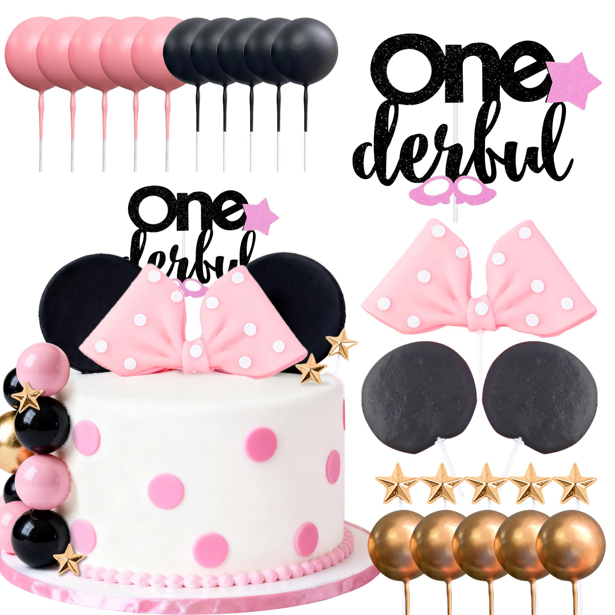 LaVenty Mouse Cake Topper Onederful Pink Bow Ears Cake Decorations for Girl Birthday Baby Shower Party Supplies