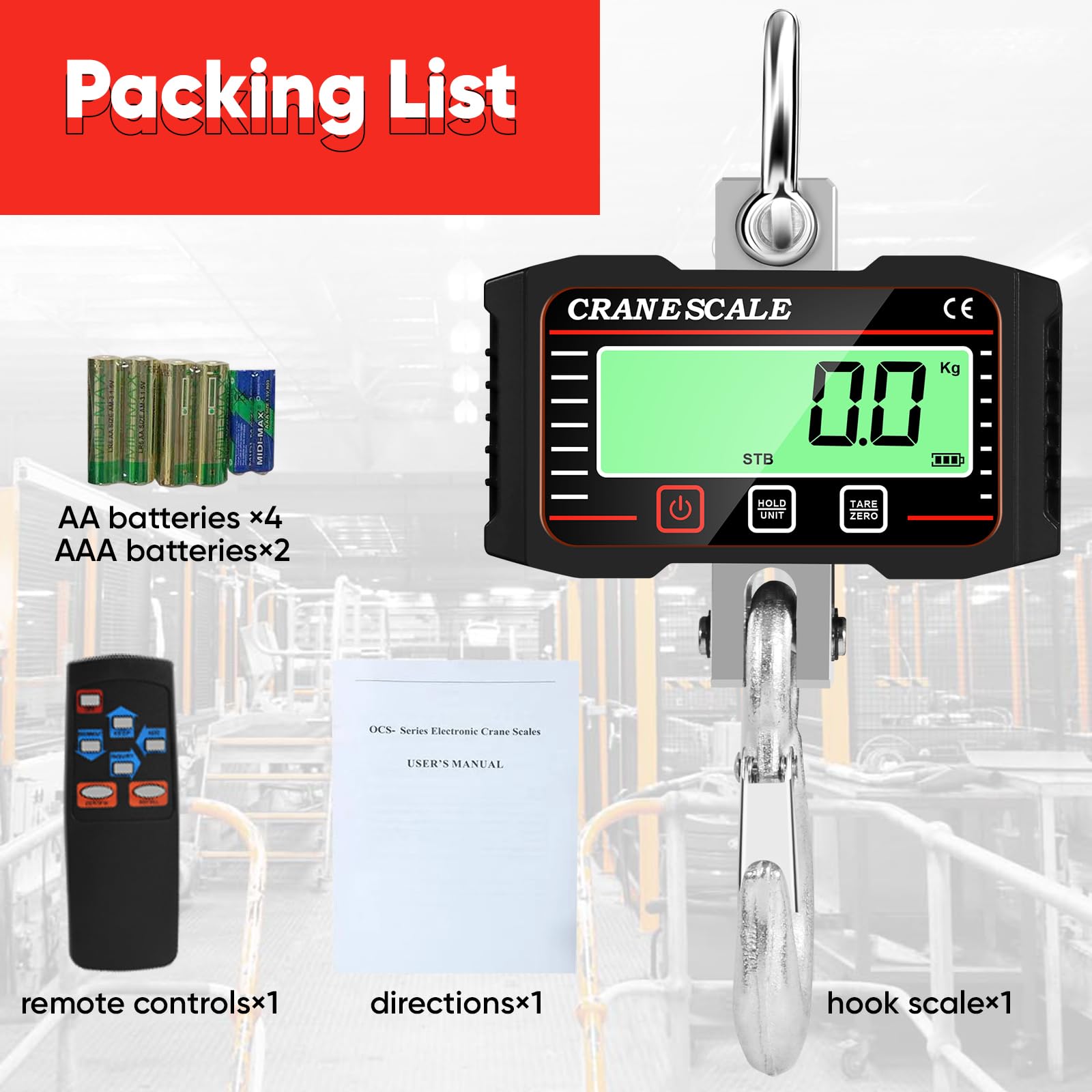 Báscula colgante 2000kg 4400lbs con Control Remoto, Báscula de grúa digital con sensor preciso y pantalla LCD, Báscula Colgante Industrial Escala Electrónica Báscula Gancho Dinamometro (Negro)