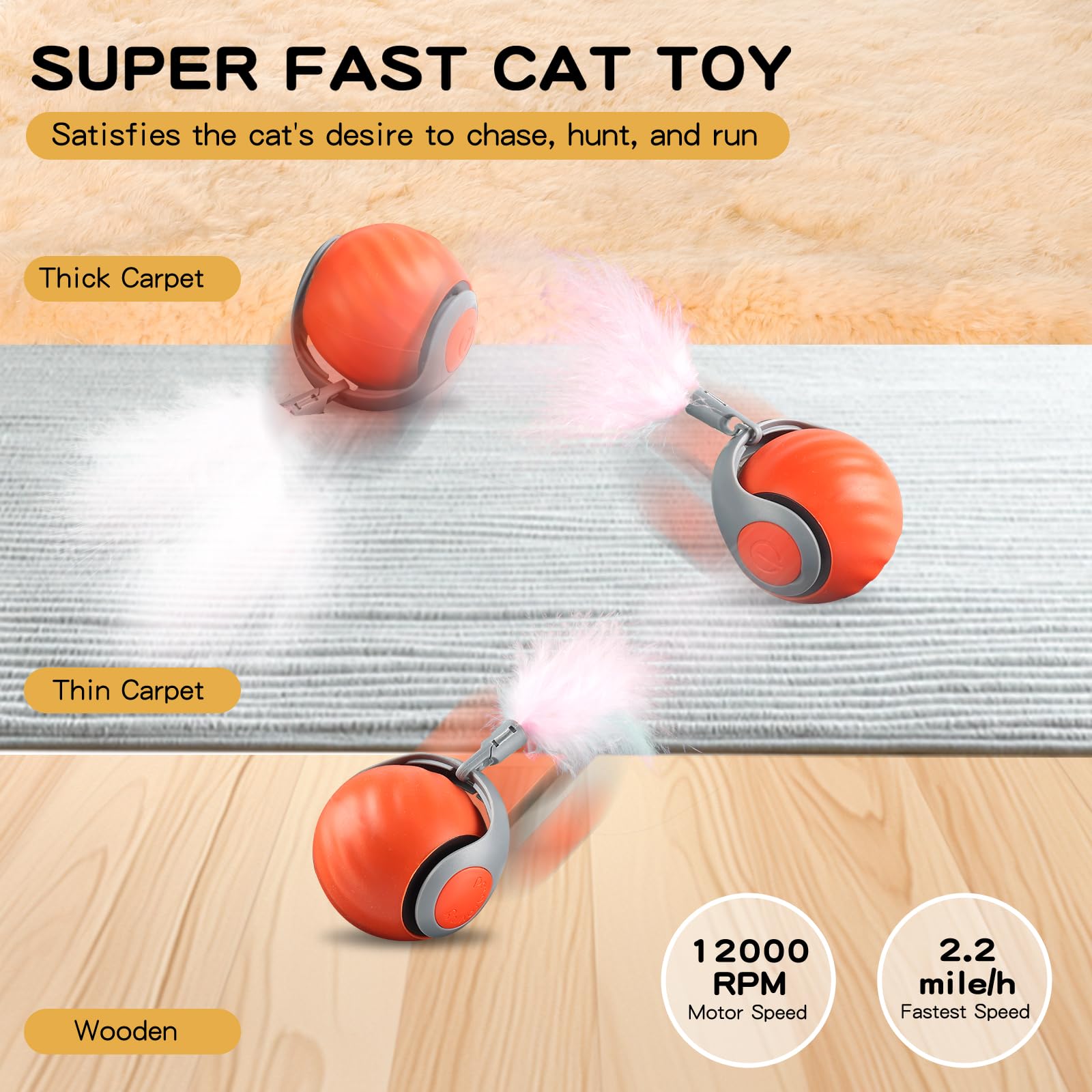 Wortade Speedy Tail 2.0, Interactive Cat Toy Ball with Spare Tail, Automatic Indoor Cat Toys, Smart Interactive Toy Ball Pair 4