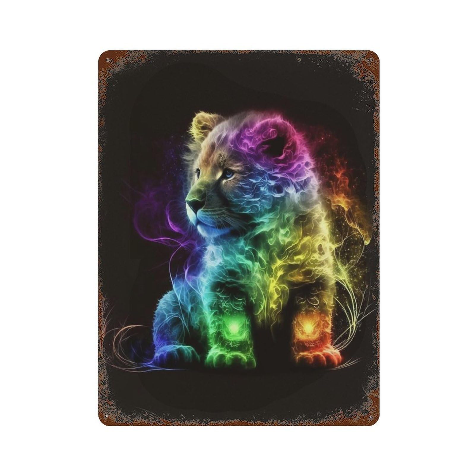 Rainbow Lion Cub Art Print Weathered Tin Sign 15.7"x11.8", Industrial Home Decor for Basement, Hobby Room And Garage Decor