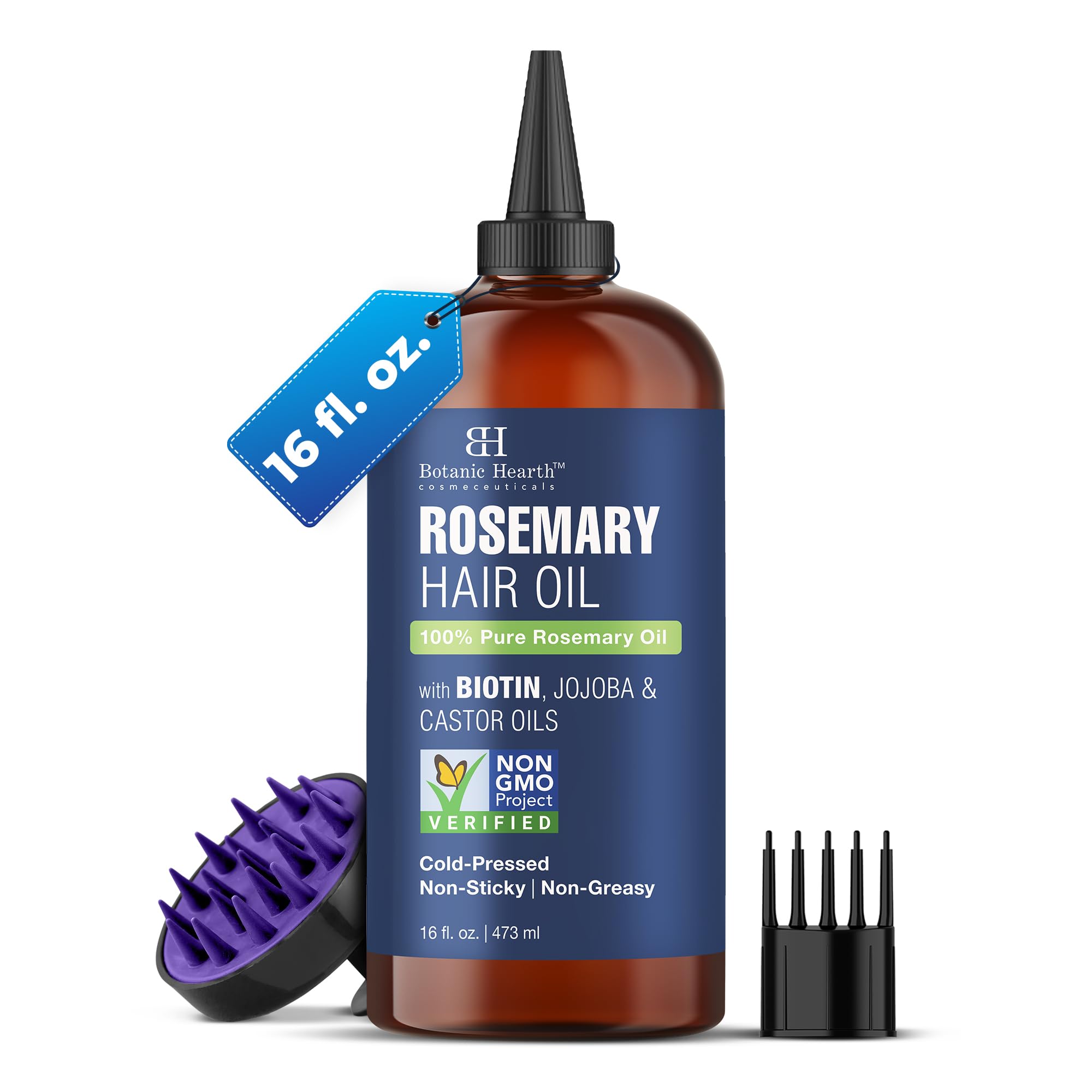 Botanic Hearth 100% Pure Rosemary Oil For Hair Growth | Infused with Biotin, Jojoba & Castor Oil | Hair Oil Repairs Dry Damaged Hair, Strengthening, Healthier - Hair Tonic, 16 fl oz