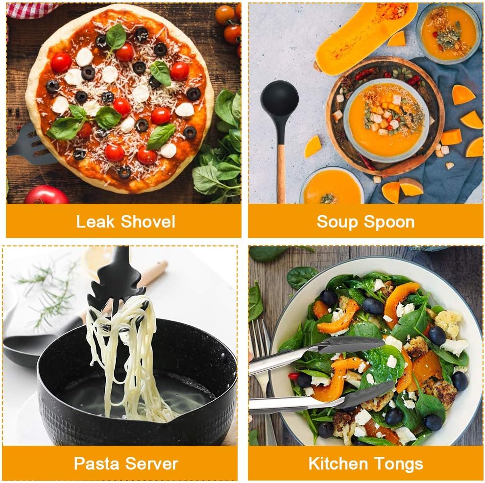 Ozvavzk Utensili da Cucina in Silicone,11 Pezzi Set Utensili Cucina Professionali Resistente al Calore Antiaderenti, Set di Attrezzi Cucina con Manico in Legno e Contenitore e Gancio, - Immagine 4