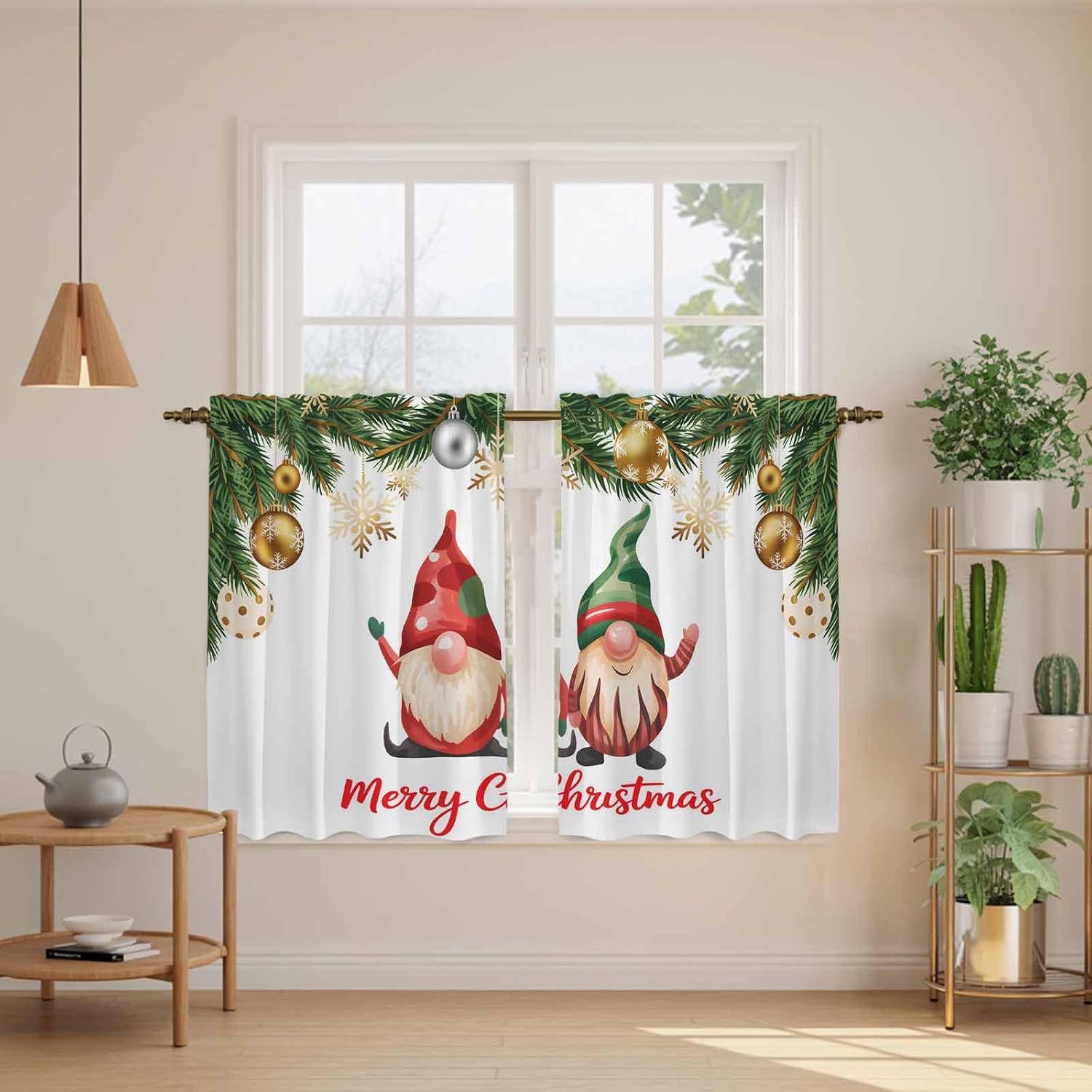 Christmas Gnomes Kitchen Tier Curtains 45 Inch Long 2 Panel Set,Rod Pocket Short Window Treatment,Xmas Winter Pine Snowflakes Balls Curtains & Drapes for Bathroom Basement 27.5"W x 45"L